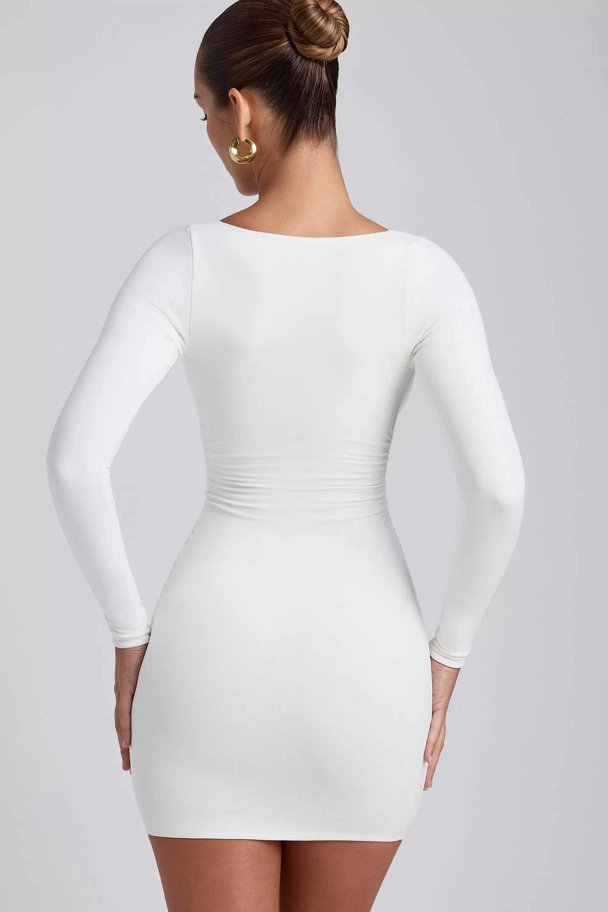 Oh Polly Modal Ruched Long-Sleeve Mini Dress in White Best