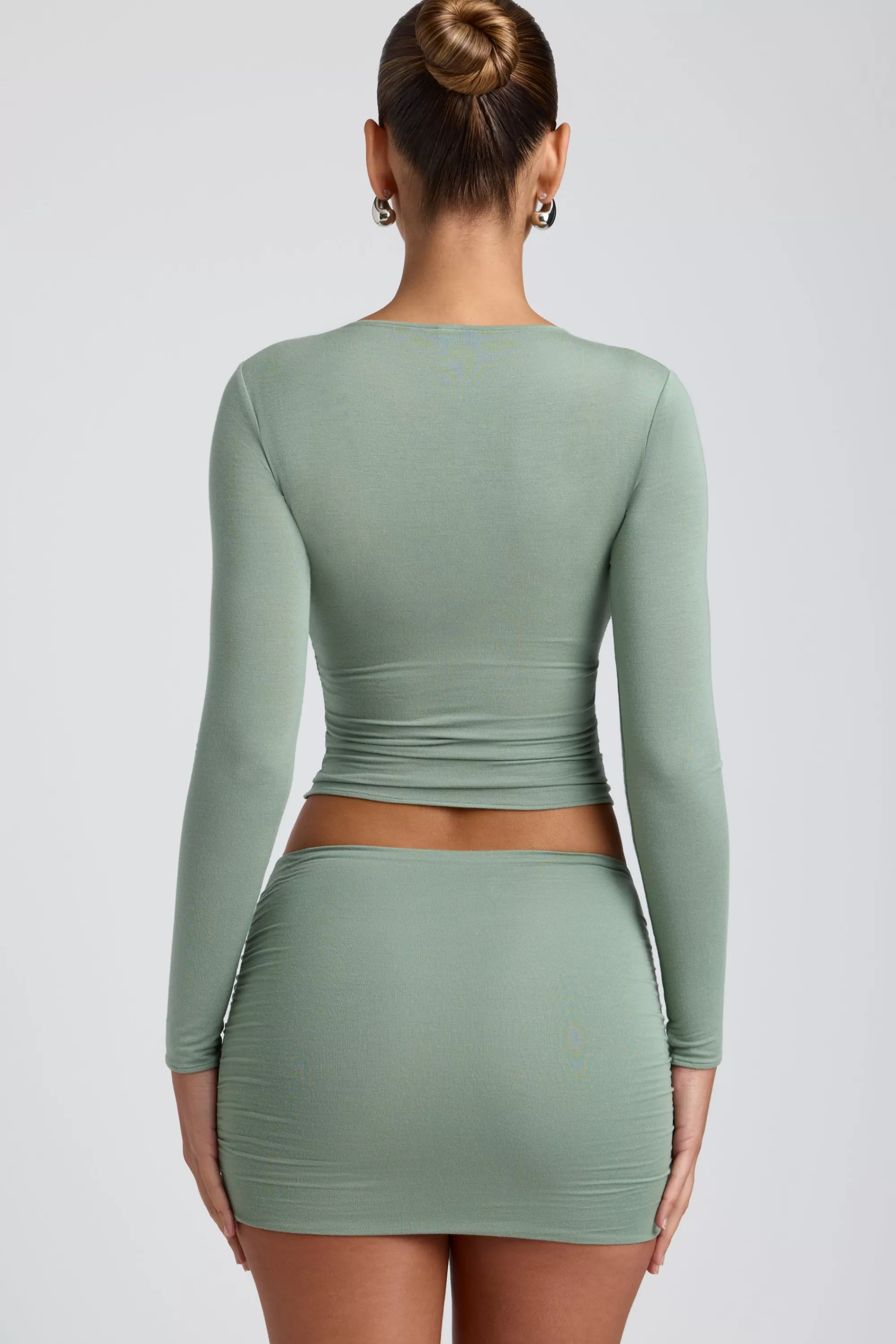 Oh Polly Modal Ruched Long-Sleeve Top in Sage Green SageGreen Outlet