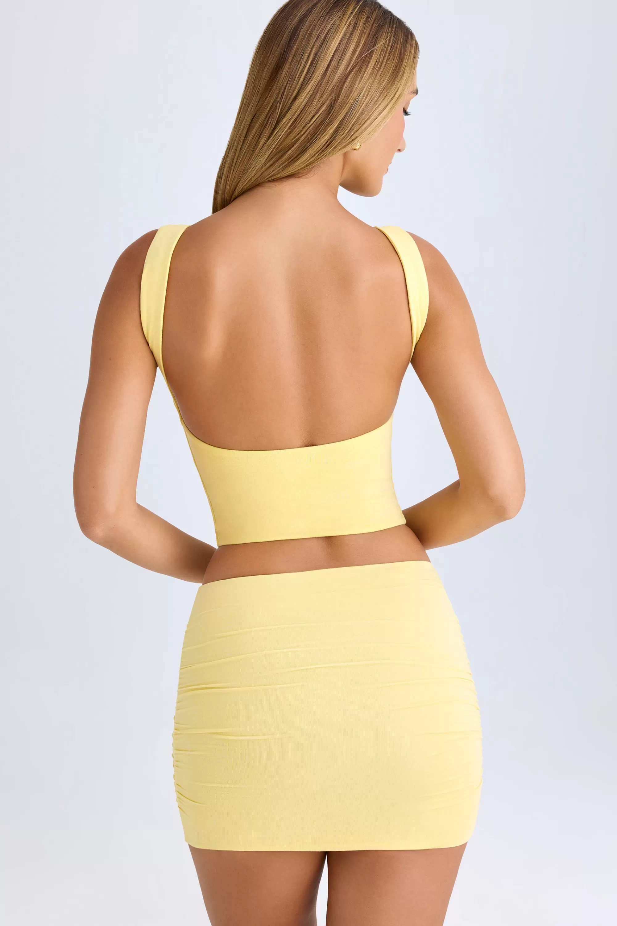 Oh Polly Modal Ruched Mid-Rise Mini Skirt in Lemon Sherbet Online