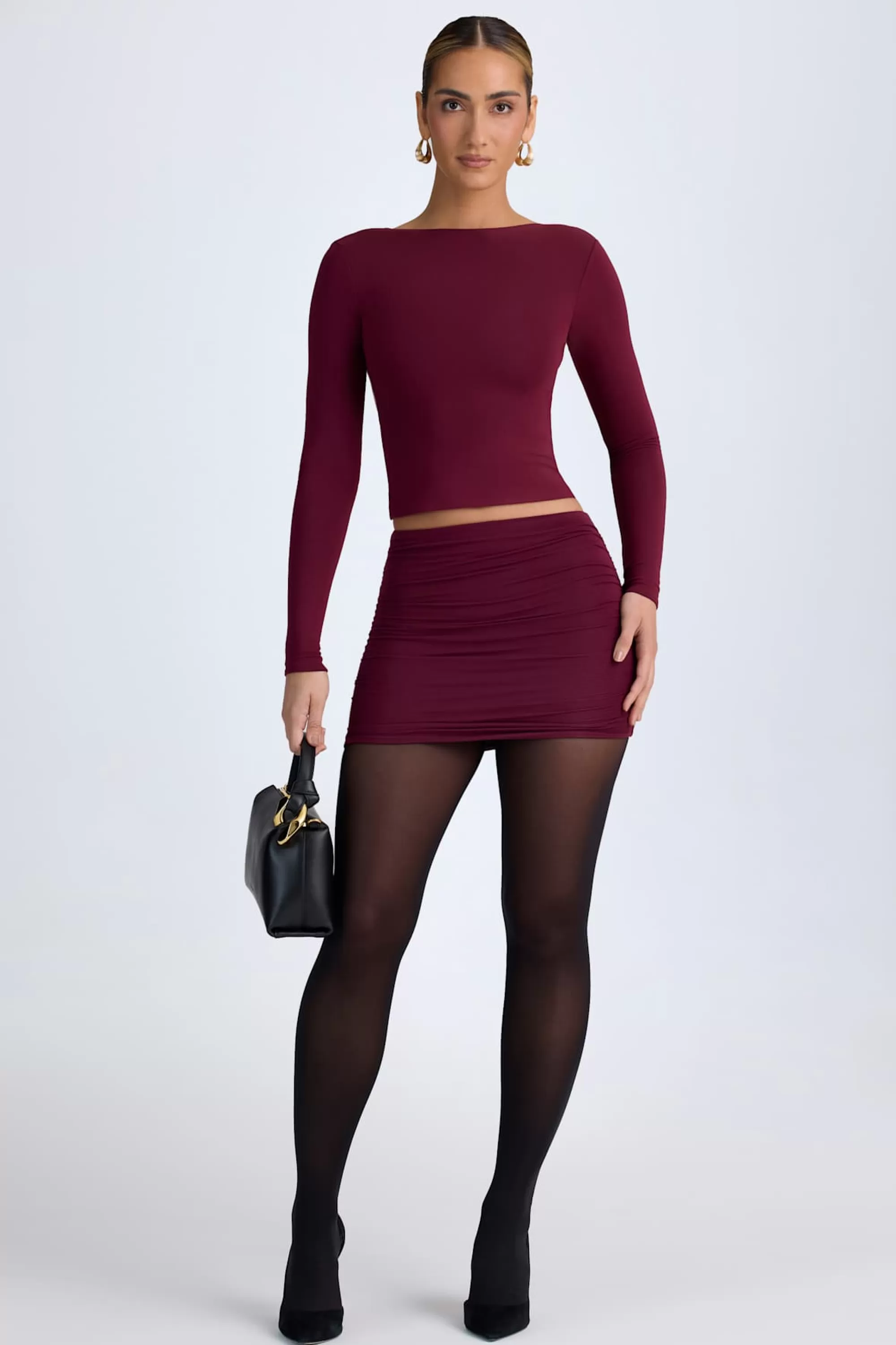 Oh Polly Modal Ruched Mid-Rise Mini Skirt in Wine Red WineRed Sale