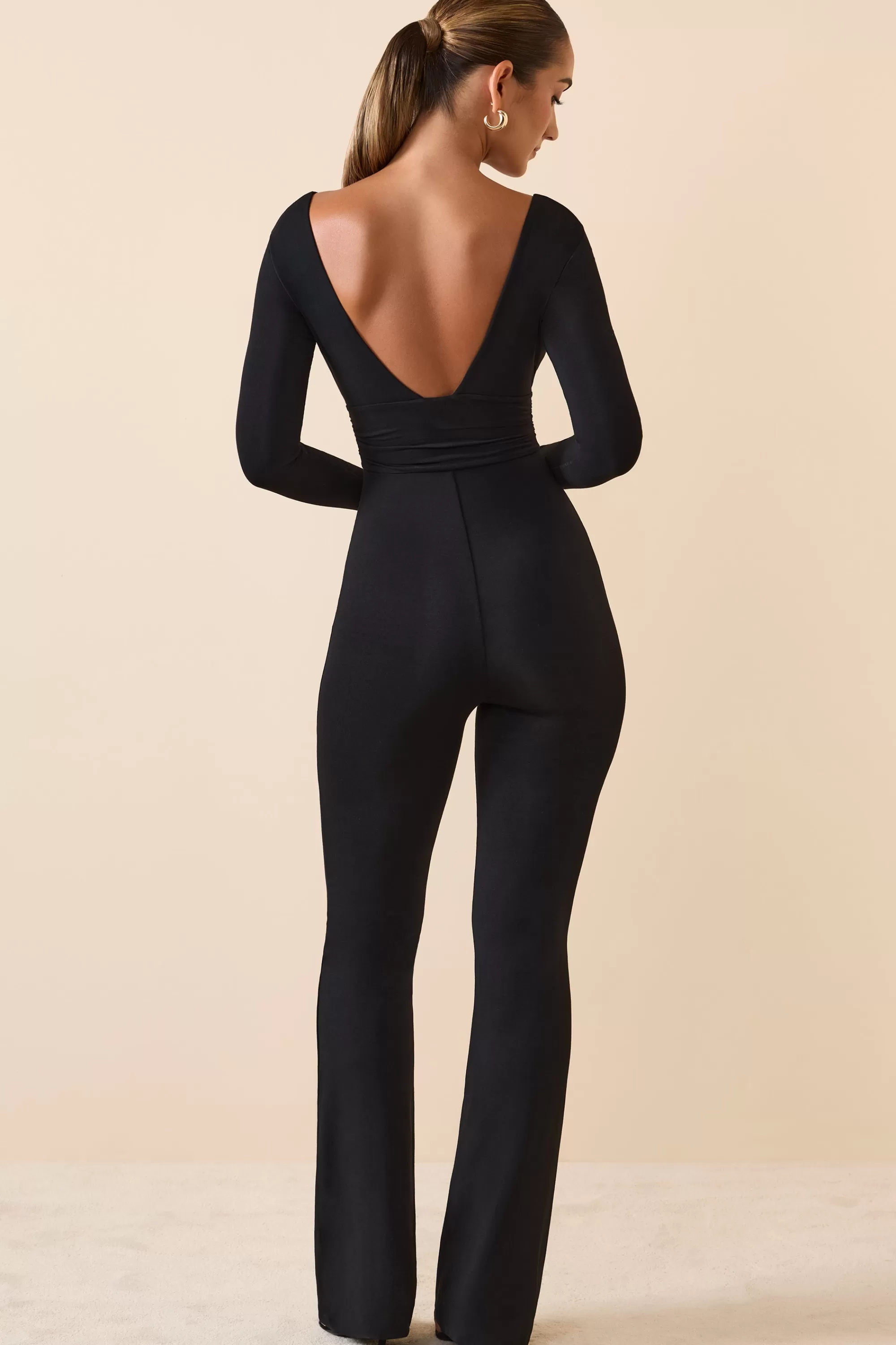 Oh Polly Modal Ruched Plunge Flared Jumpsuit in Black Cheap