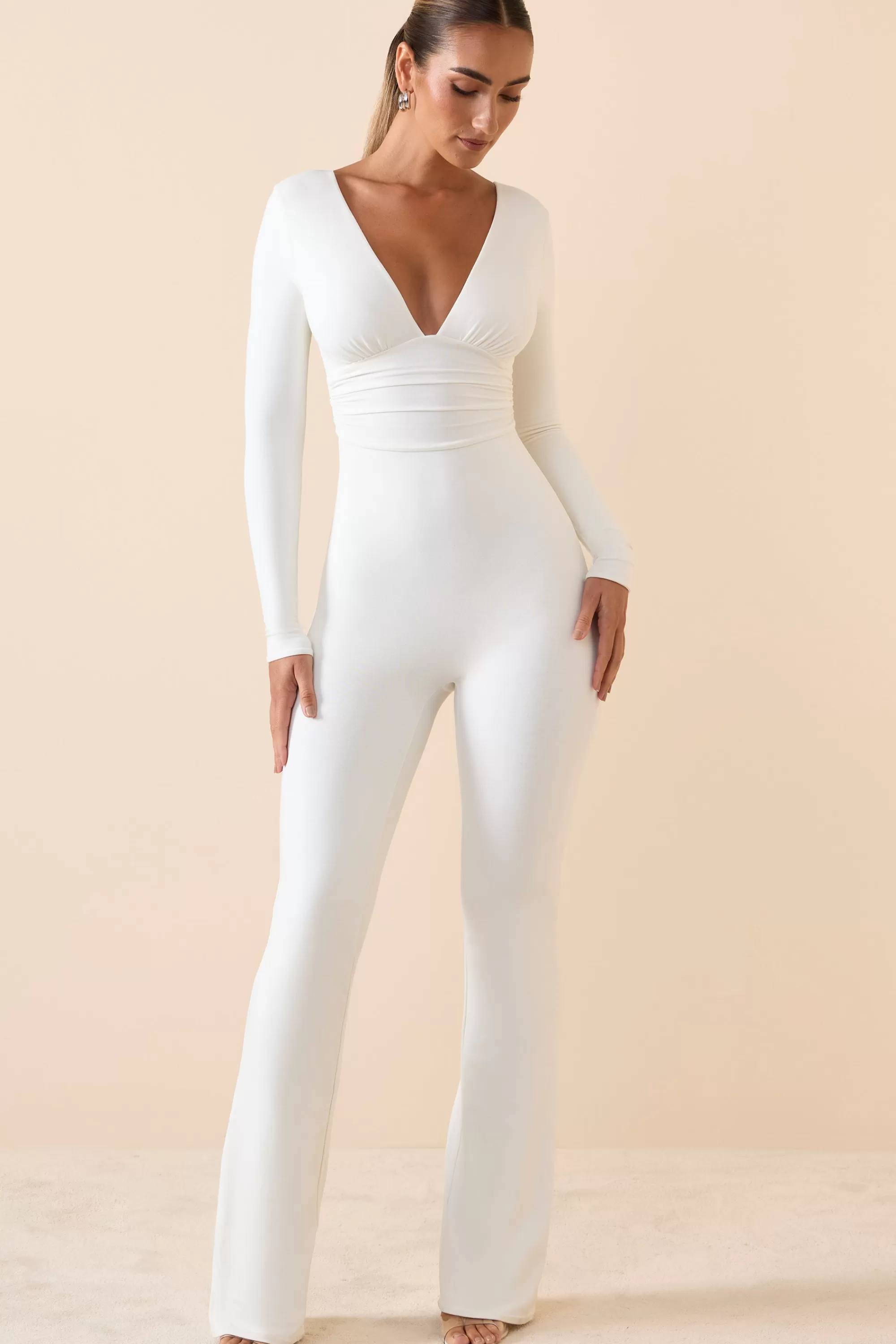 Oh Polly Modal Ruched Plunge Flared Jumpsuit in White Fashion