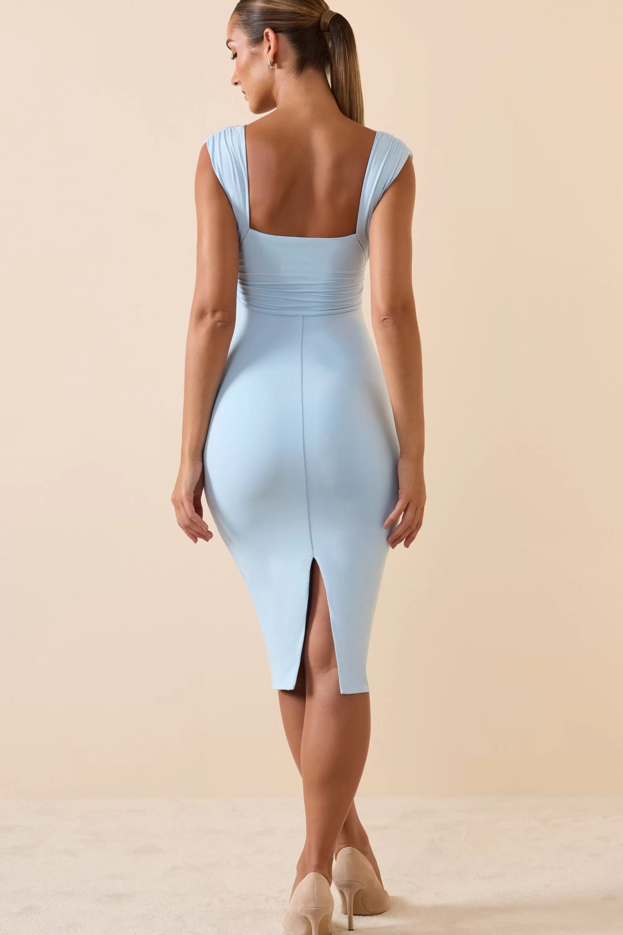 Oh Polly Modal Ruched Plunge Midi Dress in Ice Blue IceBlue Flash Sale