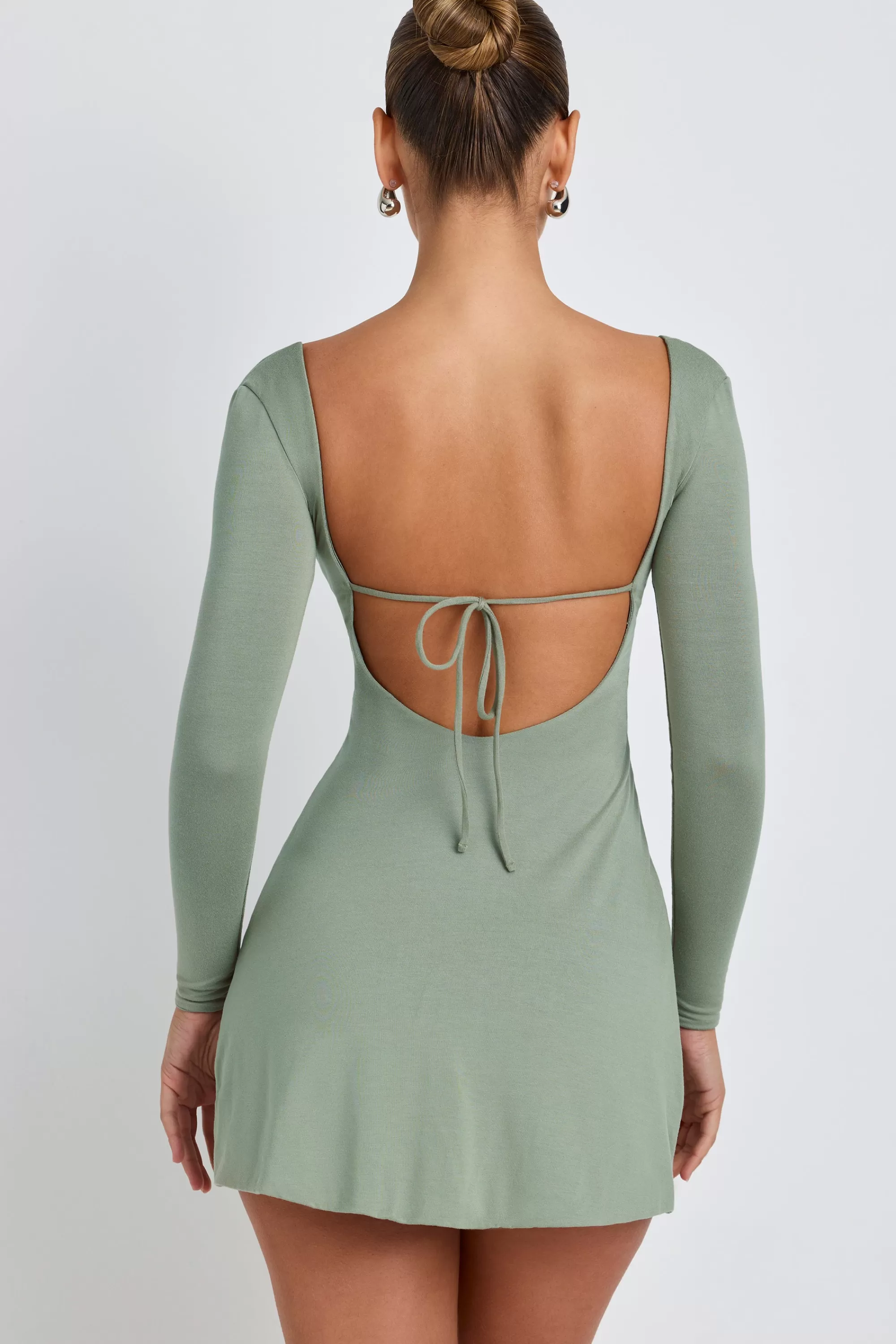 Oh Polly Modal Square Neck Long Sleeve Mini Dress in Sage Green SageGreen Outlet