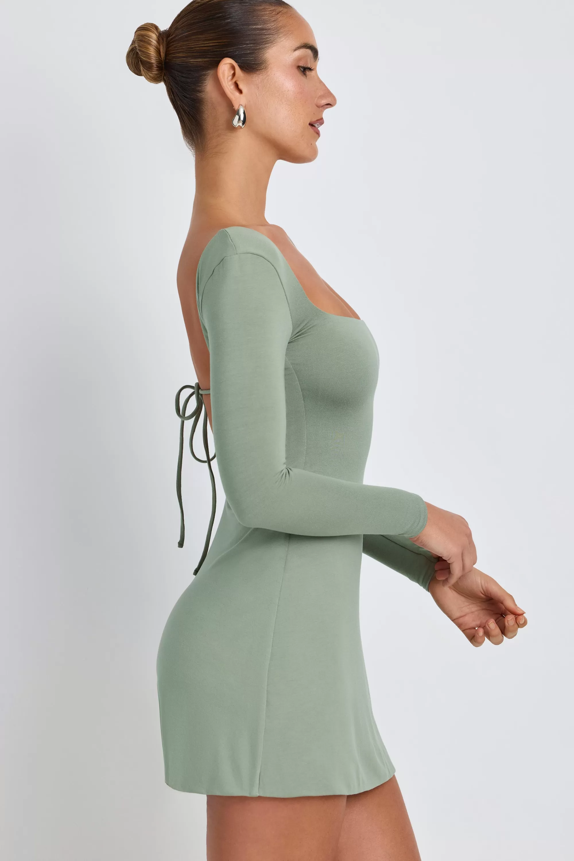 Oh Polly Modal Square Neck Long Sleeve Mini Dress in Sage Green SageGreen Outlet