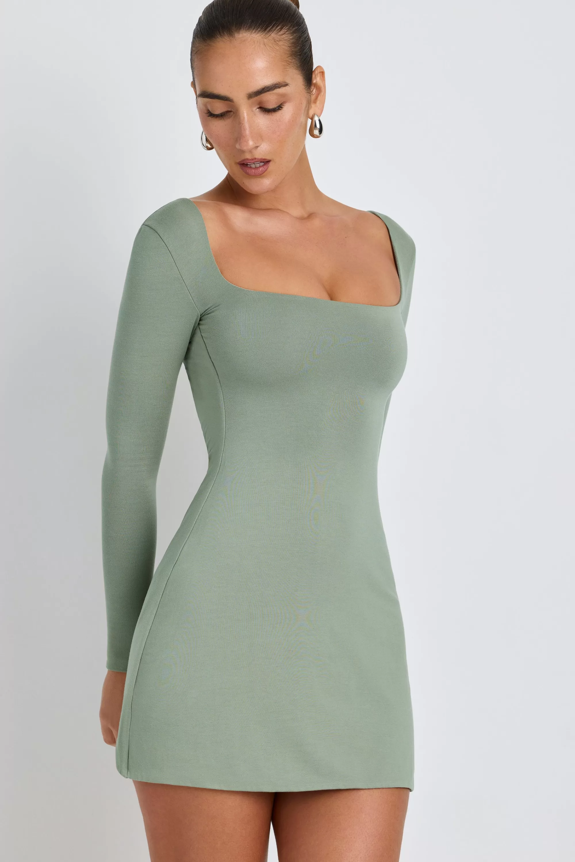 Oh Polly Modal Square Neck Long Sleeve Mini Dress in Sage Green SageGreen Outlet