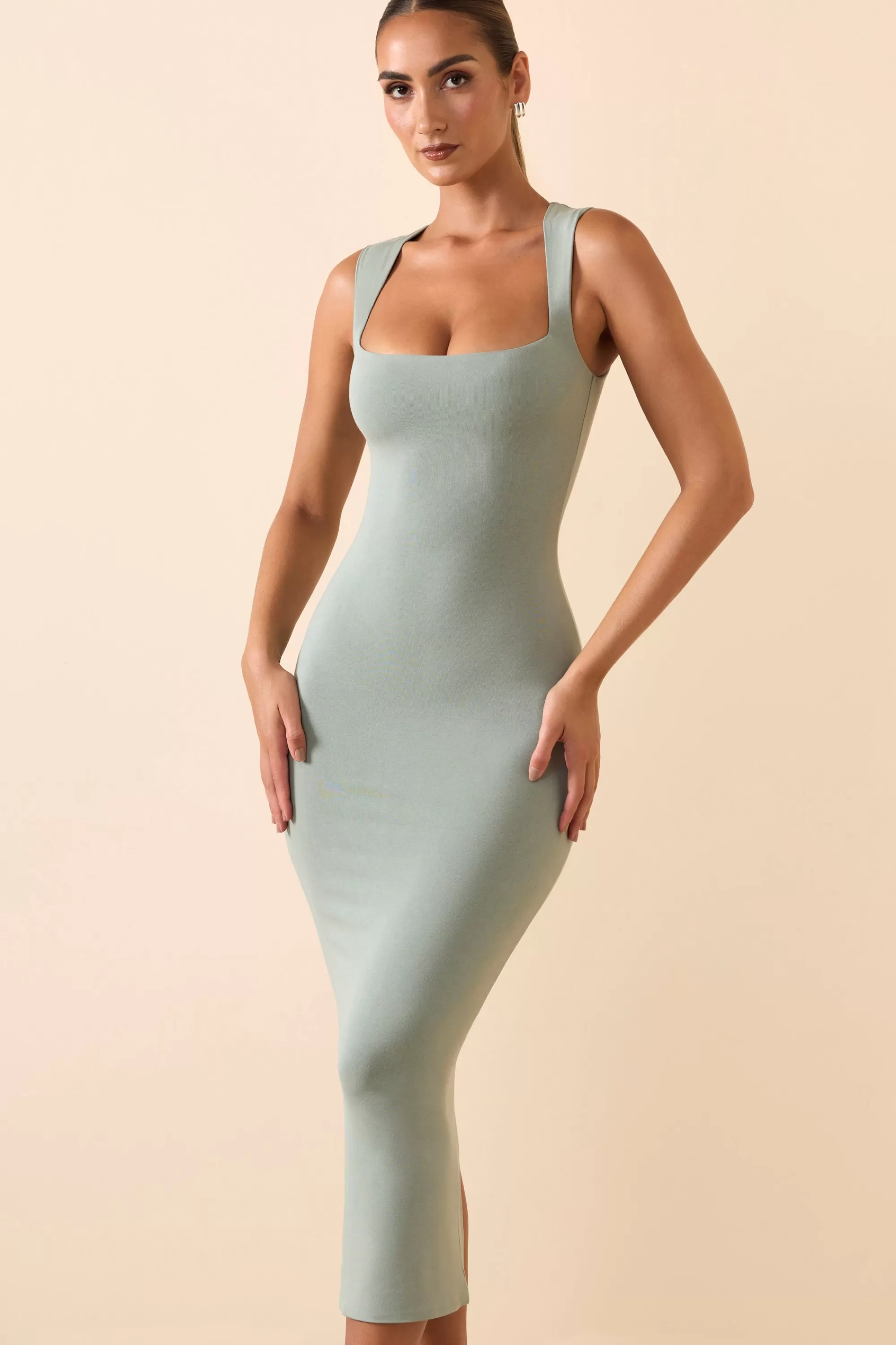 Oh Polly Modal Square-Neck Midi Dress in Smoke Green Hot