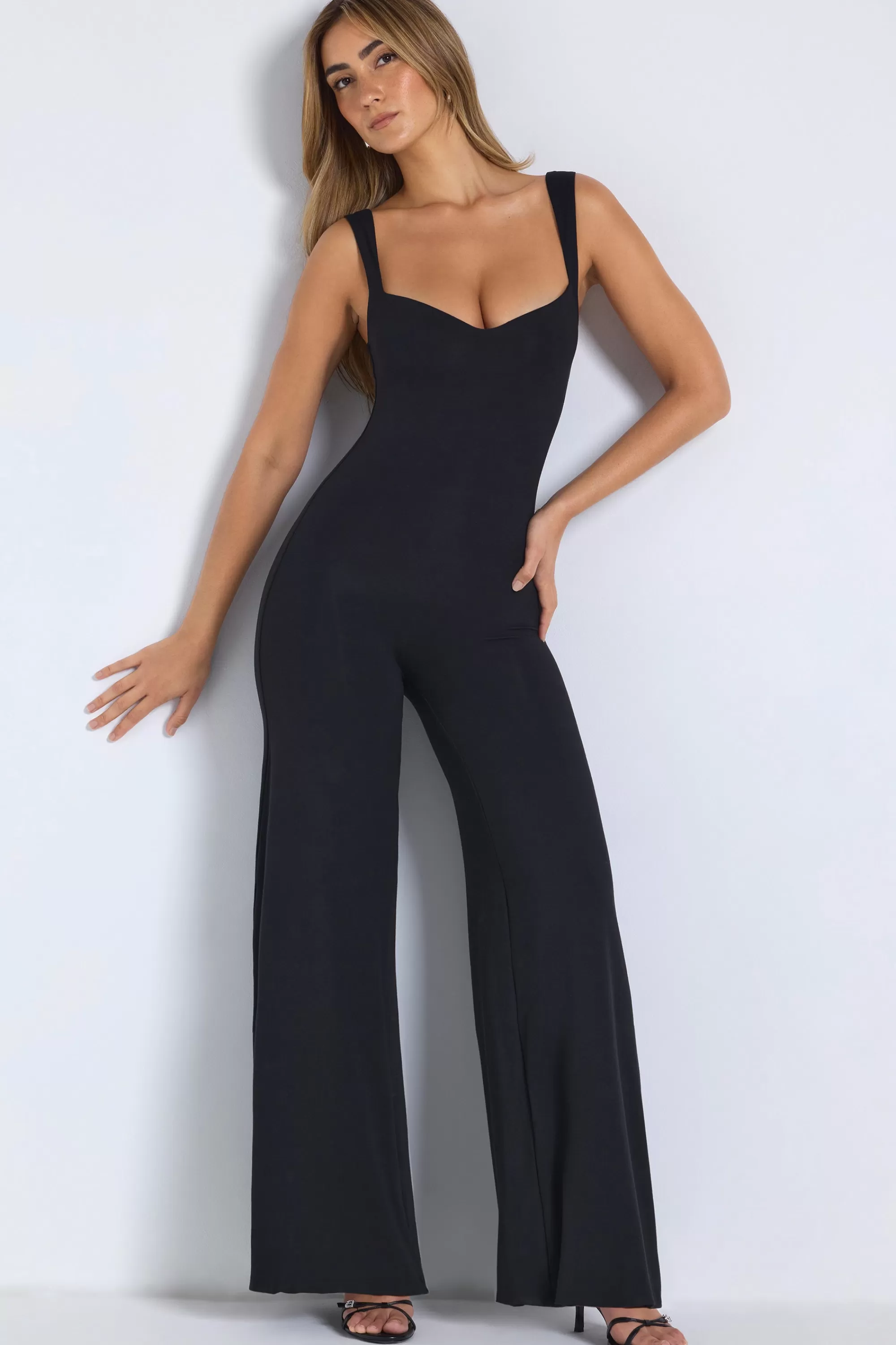 Oh Polly Modal Sweetheart Neckline Wide Leg Jumpsuit in Black Clearance