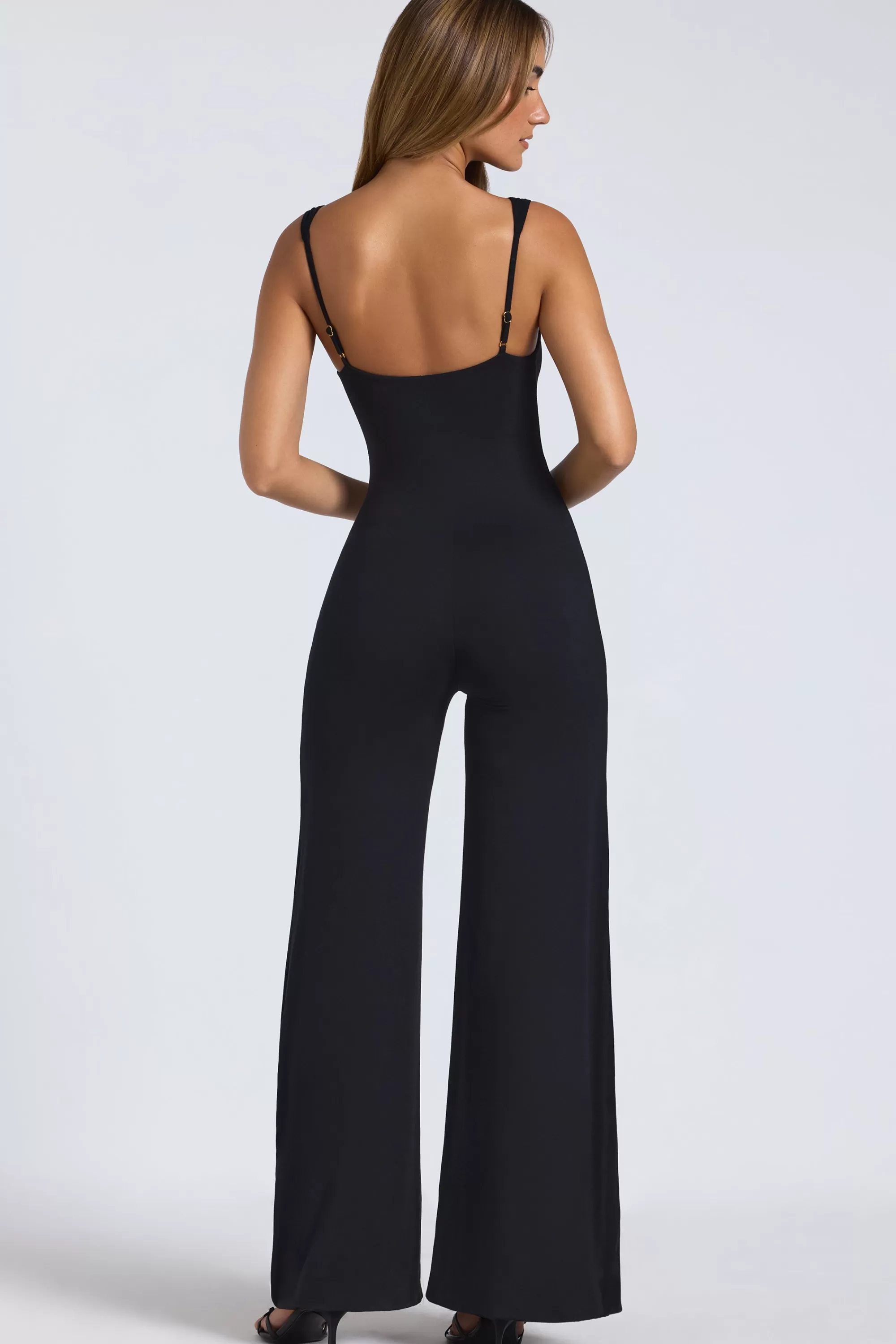 Oh Polly Modal Sweetheart Neckline Wide Leg Jumpsuit in Black Clearance