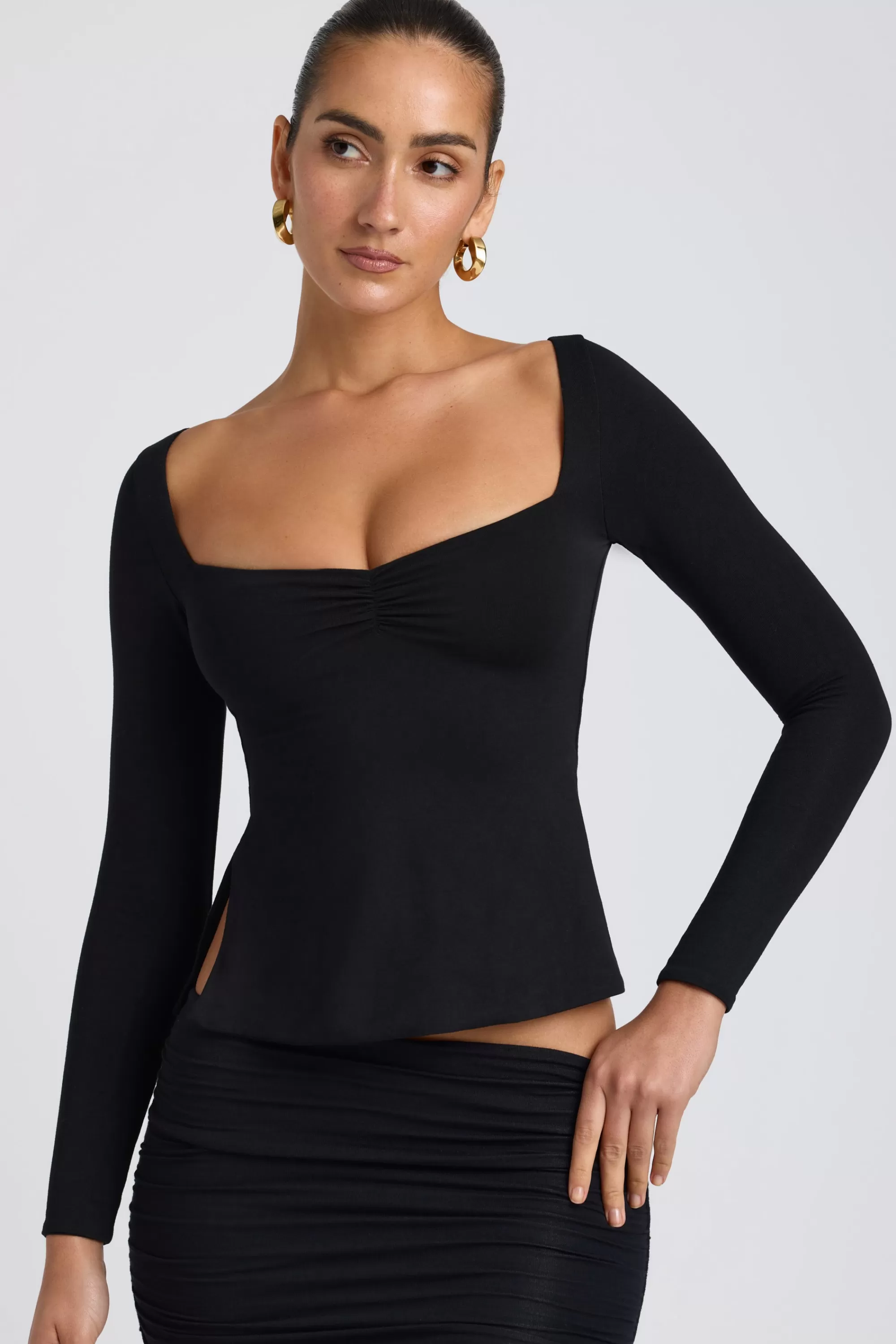 Oh Polly Modal Sweetheart-Neck Top in Black Best