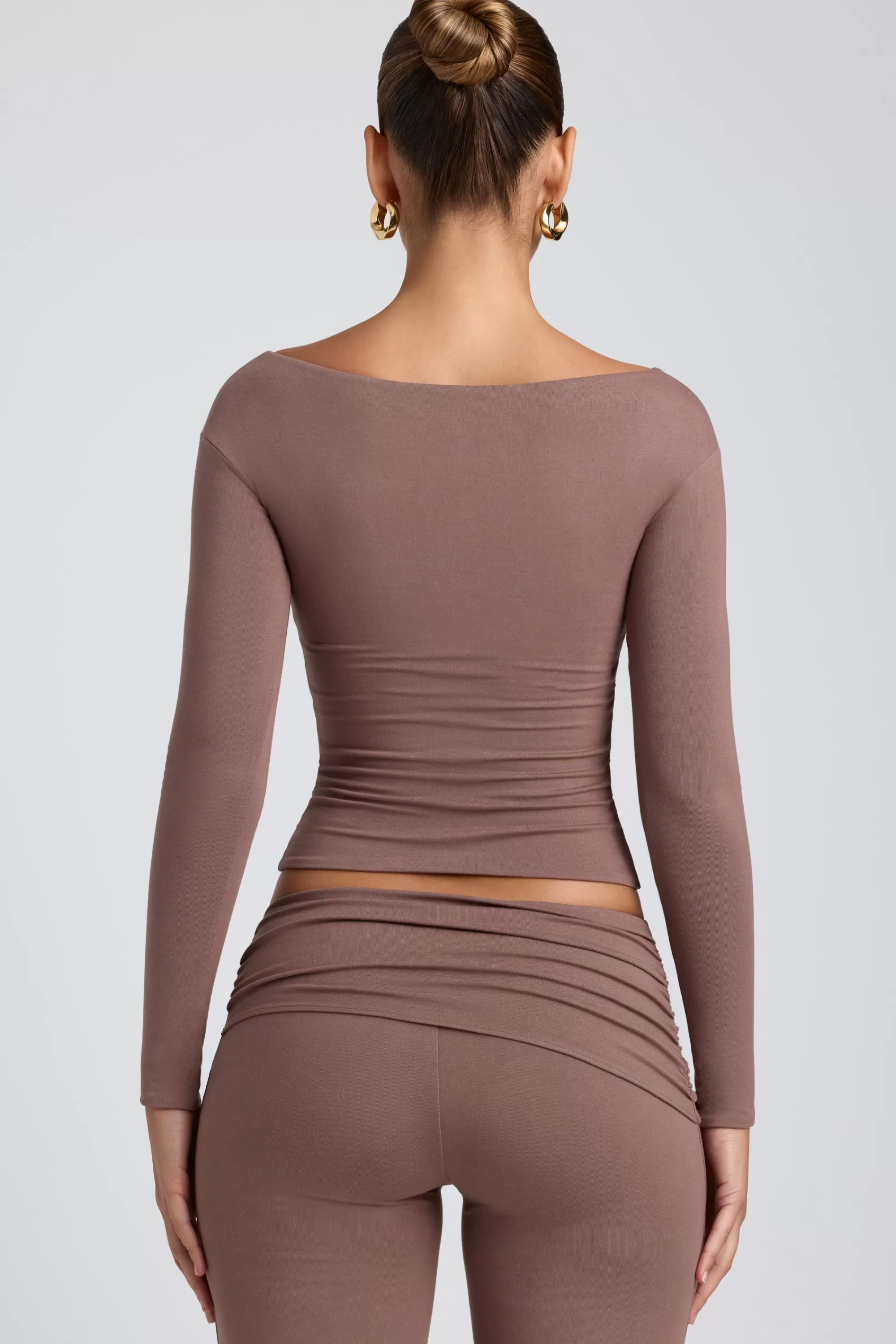 Oh Polly Modal Twist-Front Long-Sleeve Crop Top in Taupe Clearance