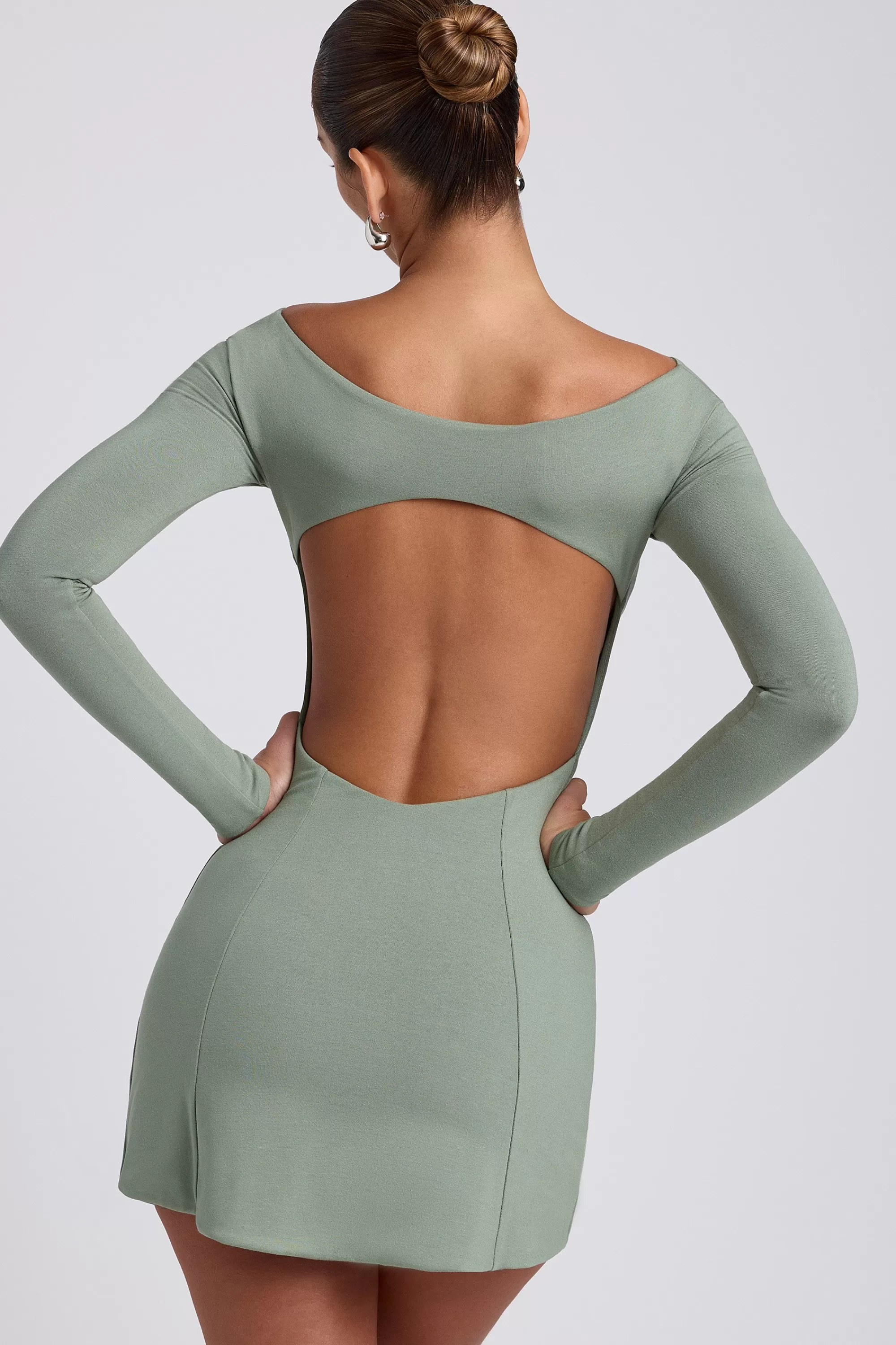 Oh Polly Modal Twist-Front Long-Sleeve Mini Dress in Sage Green SageGreen Cheap