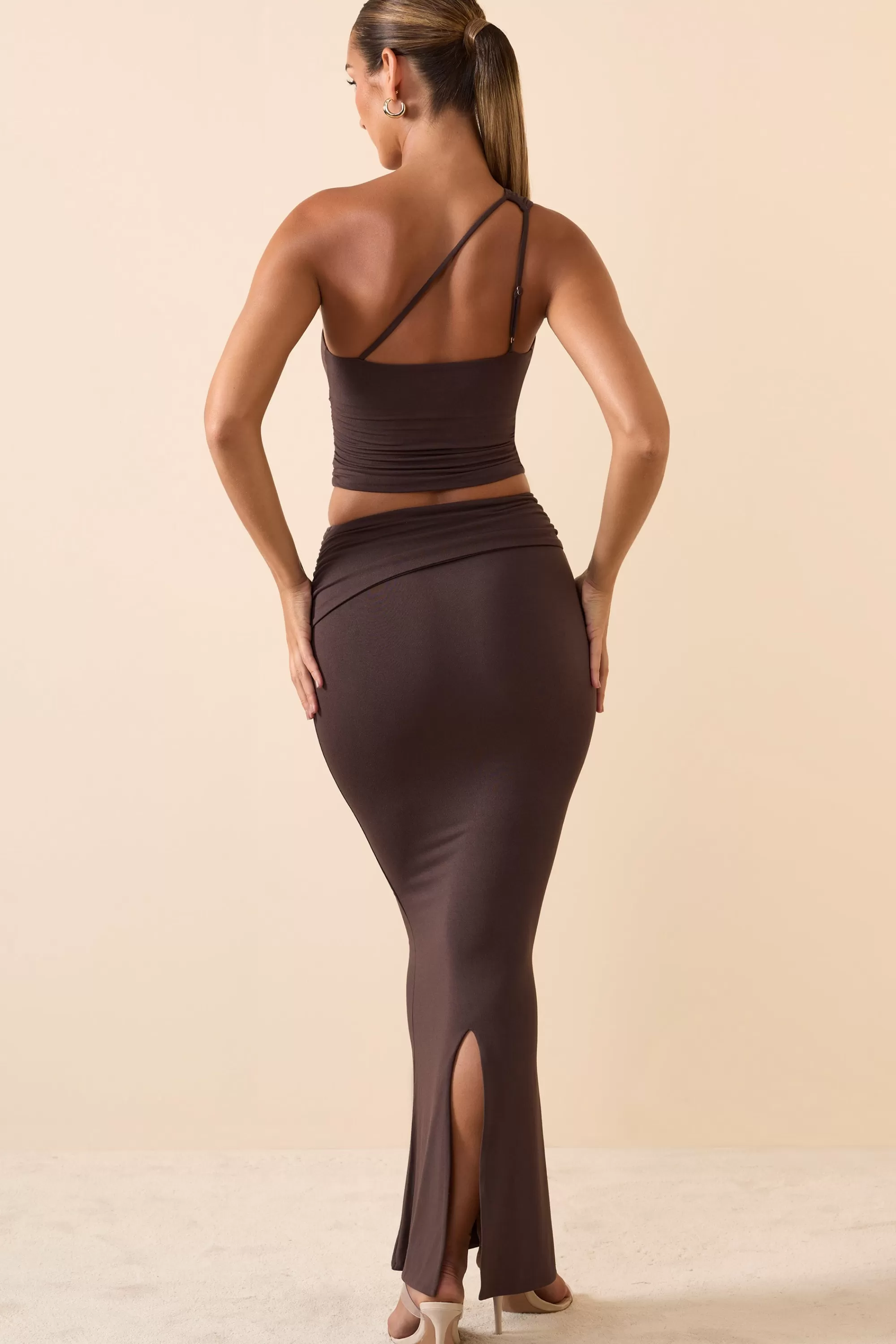 Oh Polly Modal Twist-Front Maxi Skirt in Chocolate Brown Clearance