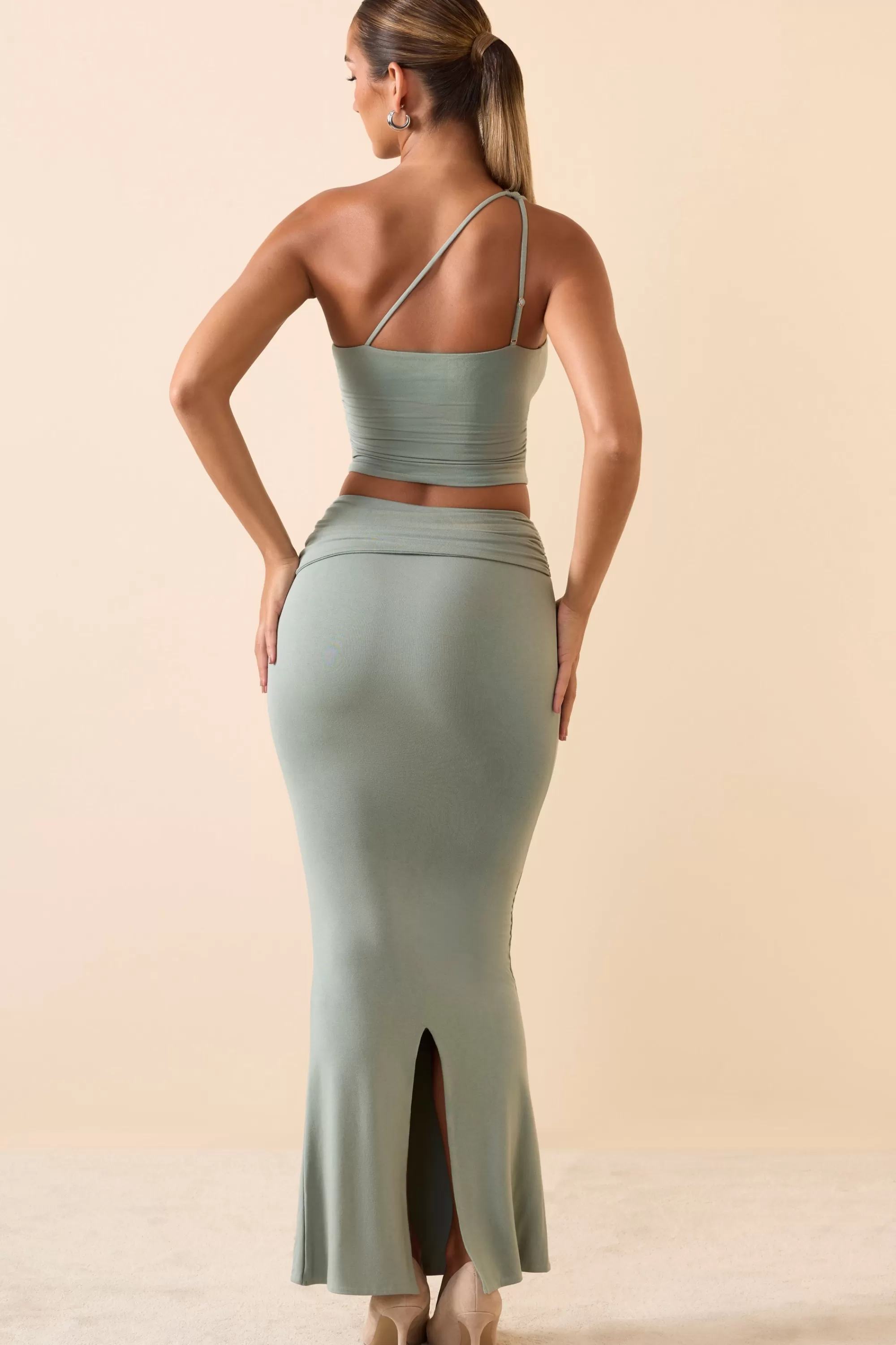 Oh Polly Modal Twist-Front Maxi Skirt in Smoke Green Outlet