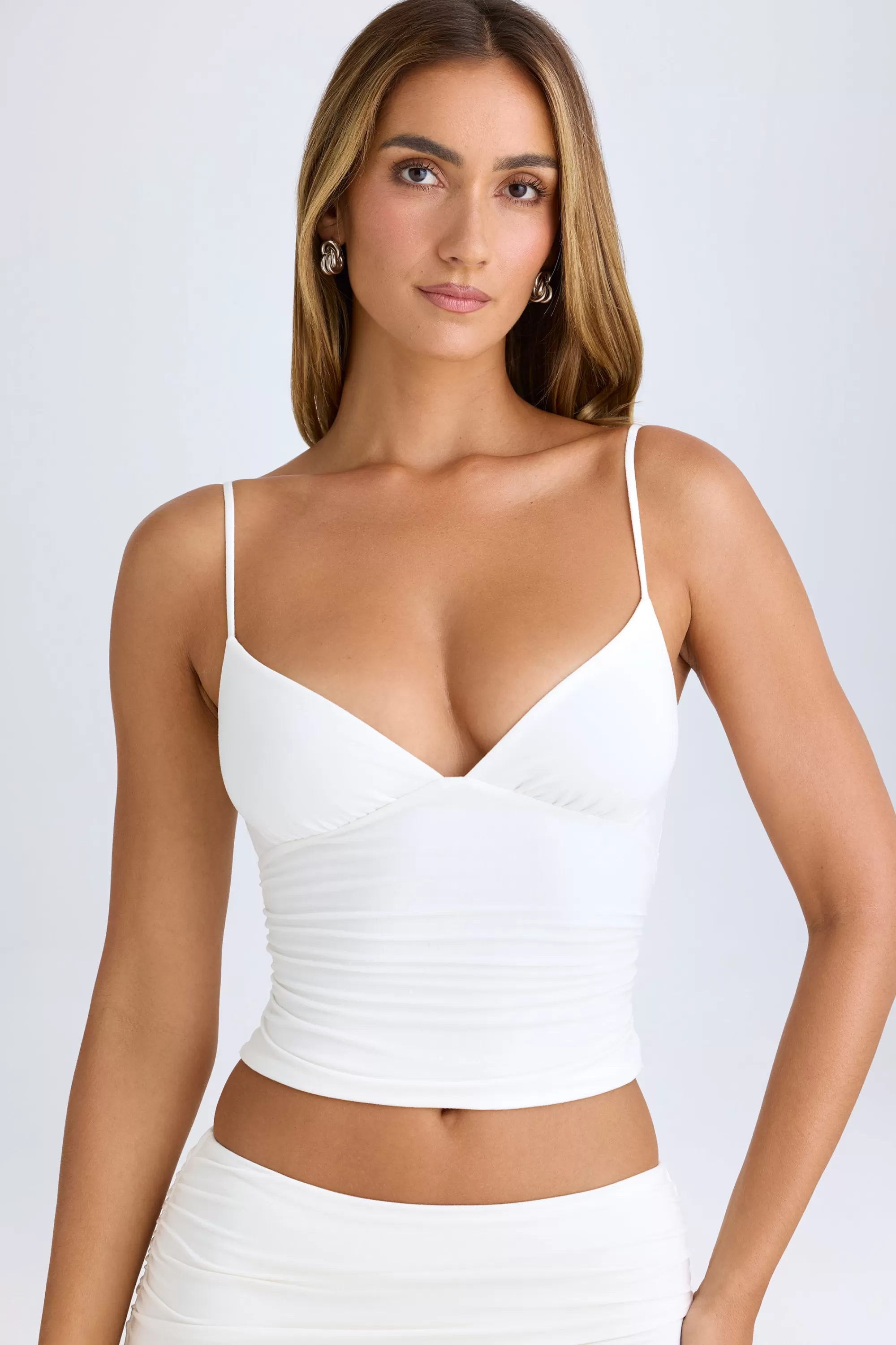 Oh Polly Modal V-Neck Ruched Camisole Top in White Hot