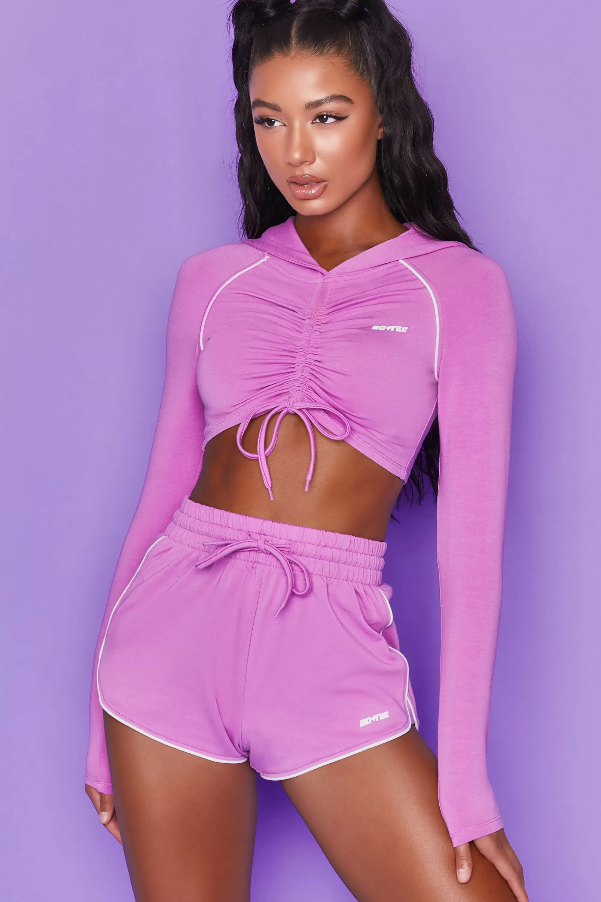 Oh Polly New Goals Cropped Ruched Hoodie in Purple Discount