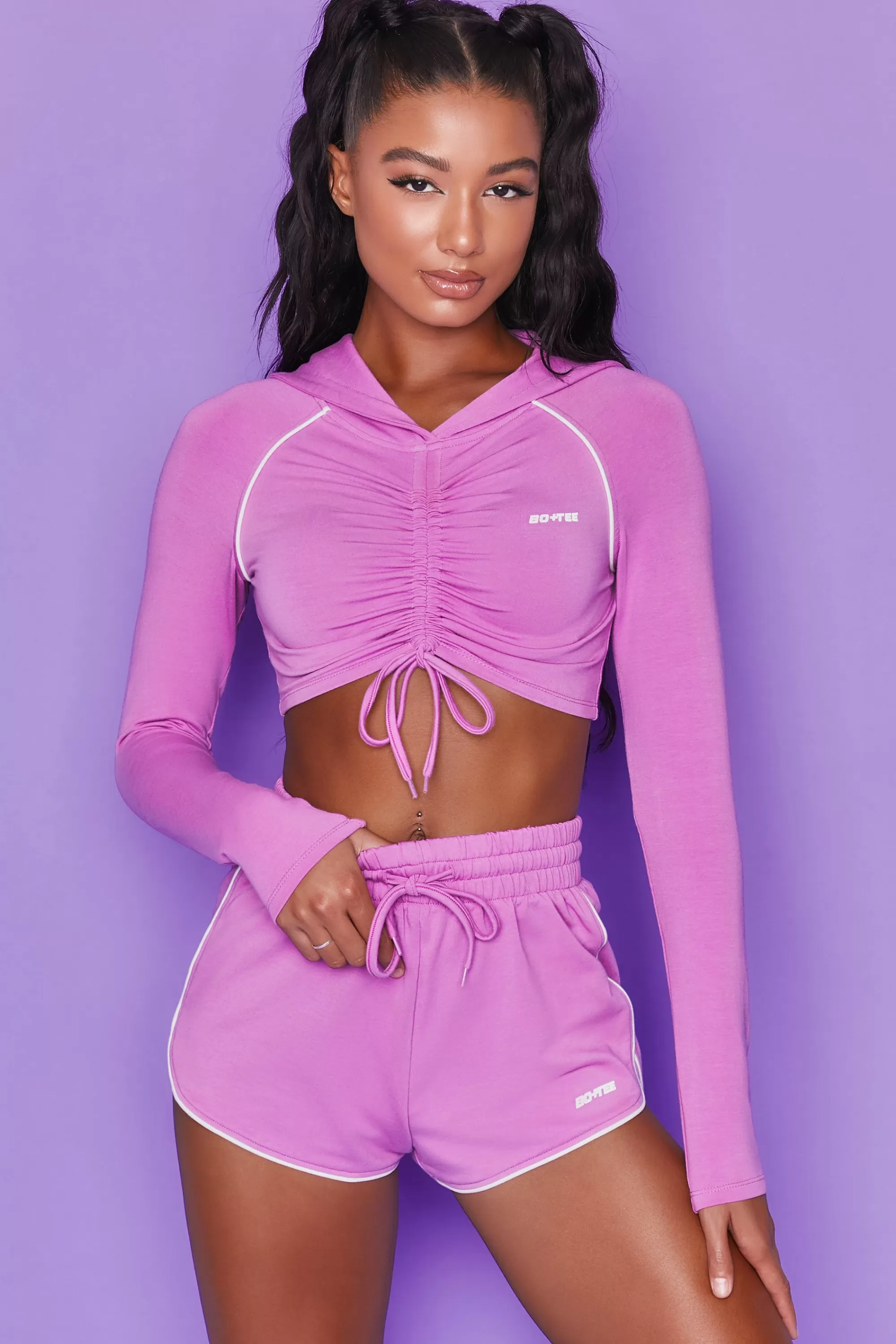 Oh Polly New Goals Cropped Ruched Hoodie in Purple Discount