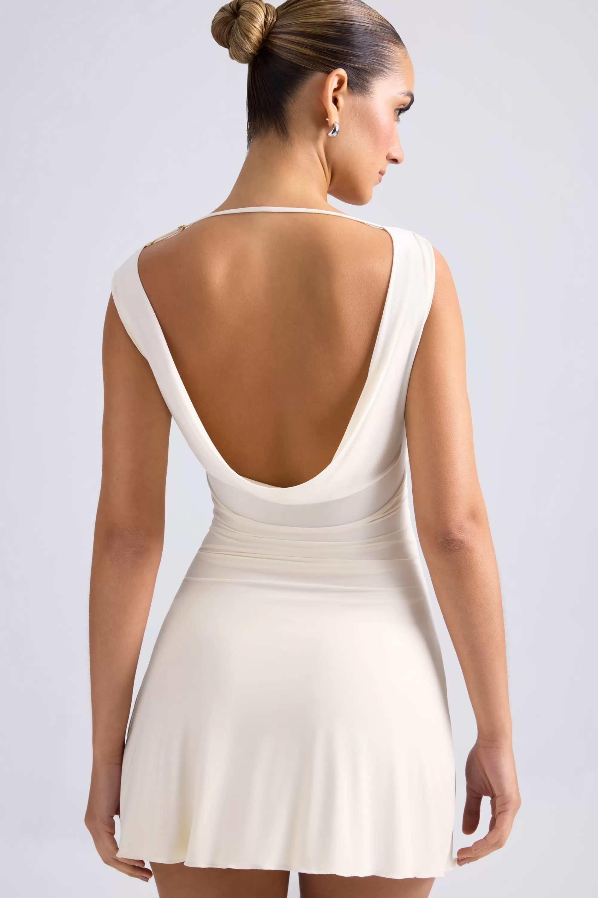 Oh Polly Off-Shoulder Cowl-Back A-Line Mini Dress in Ivory Store