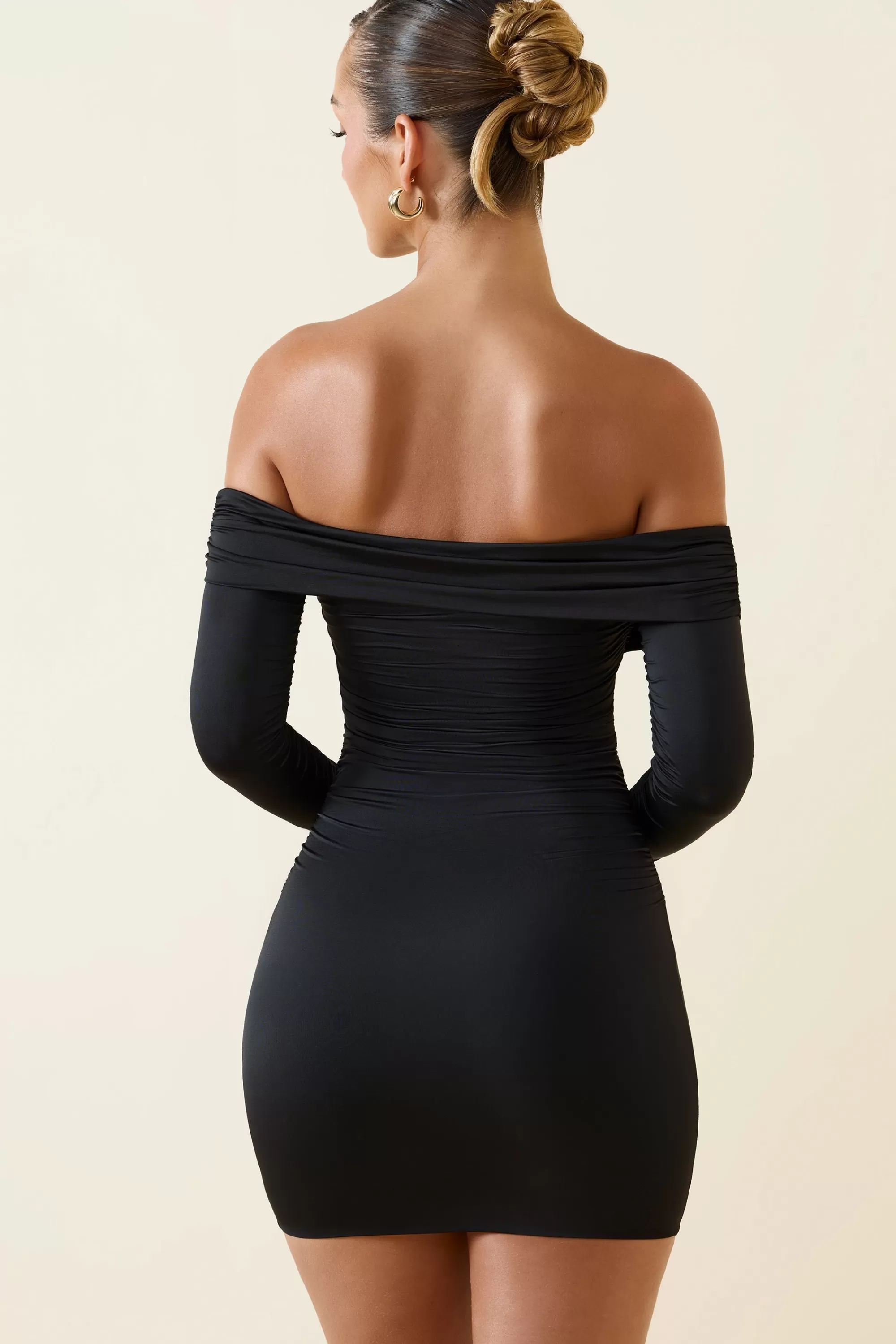 Oh Polly Off-Shoulder Ruched Bodycon Mini Dress in Black Sale