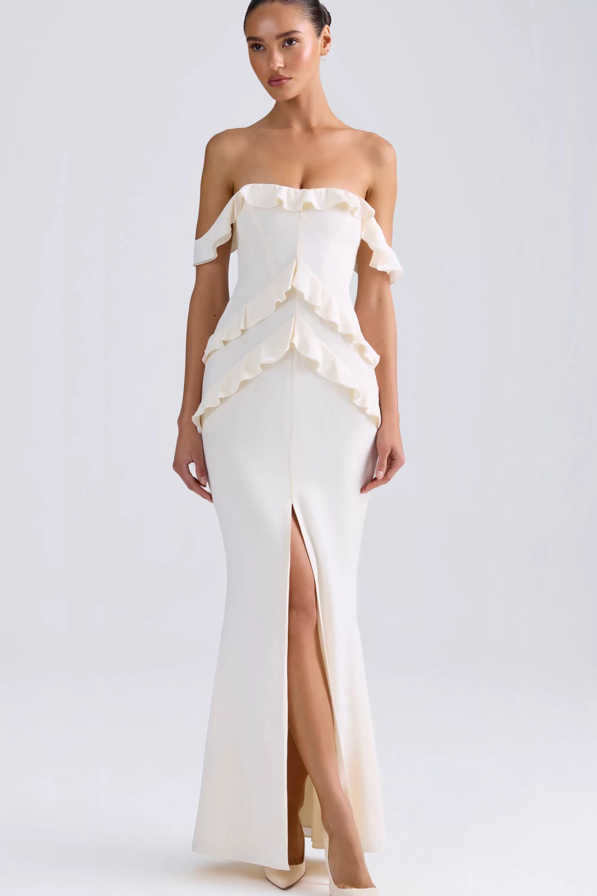 Oh Polly Off-Shoulder Ruffle-Trim Gown in Ivory Hot