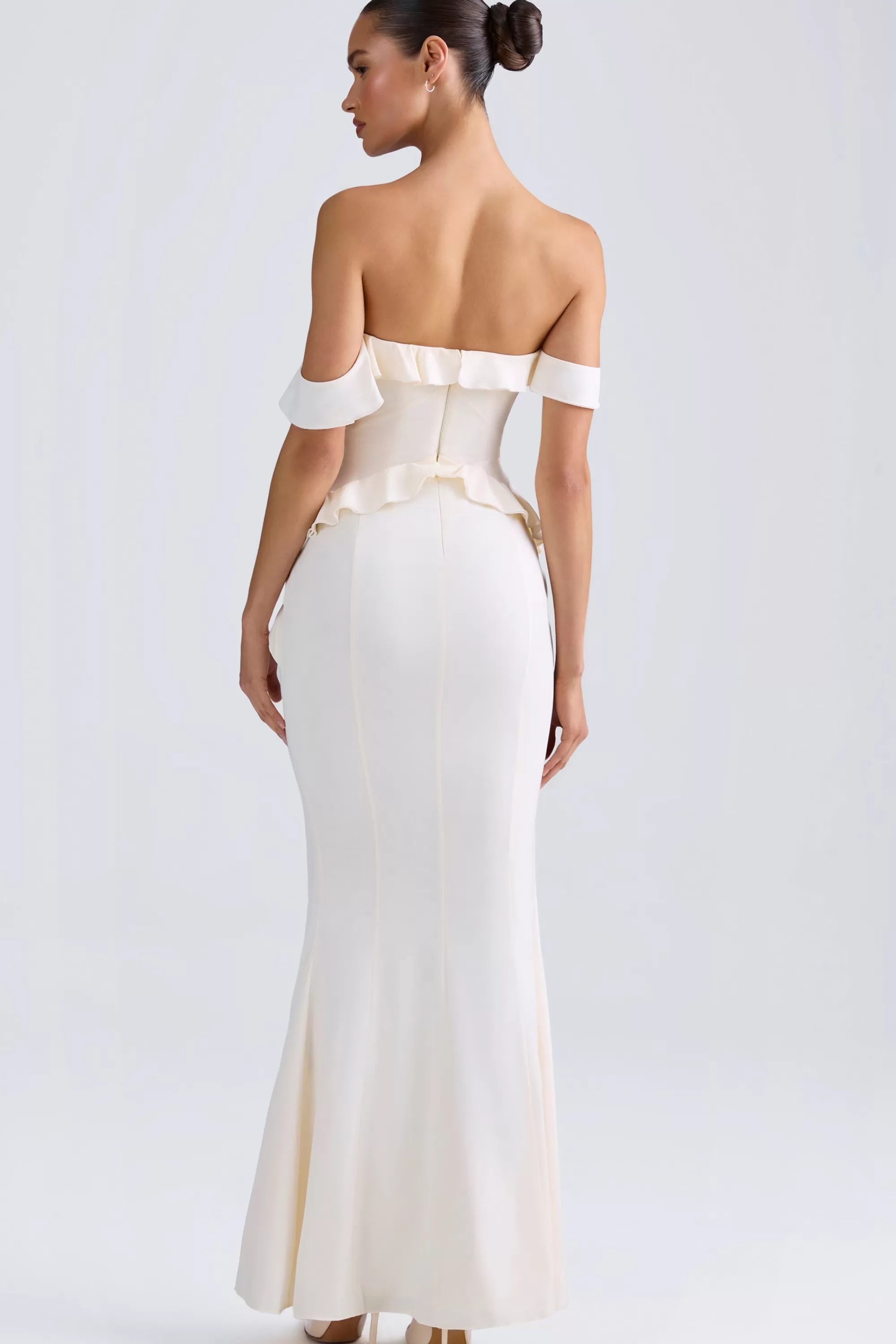 Oh Polly Off-Shoulder Ruffle-Trim Gown in Ivory Hot