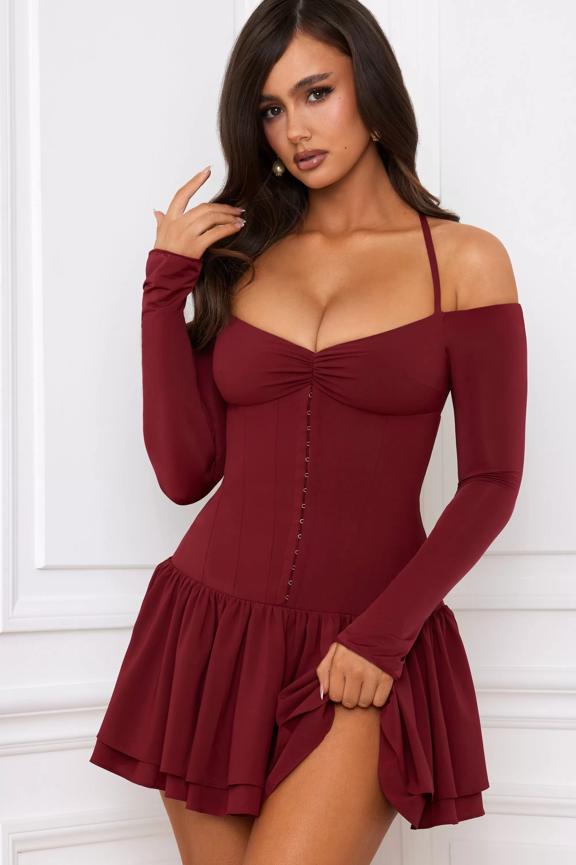 Oh Polly Off-Shoulder Tiered Corset Mini Dress in Berry Red BerryRed Best