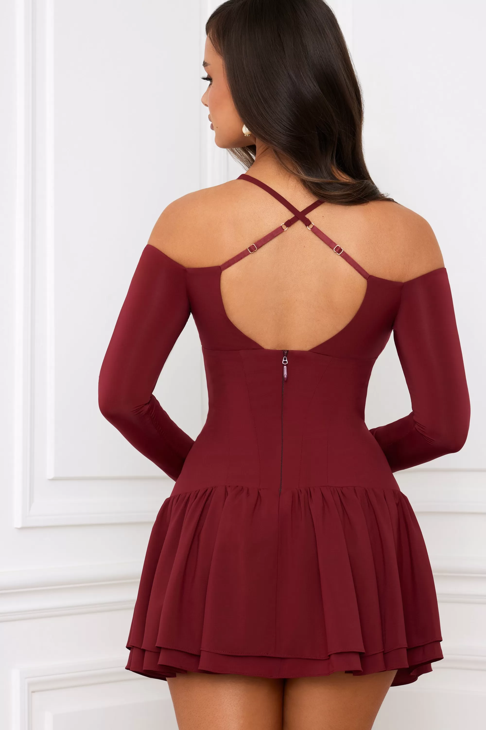 Oh Polly Off-Shoulder Tiered Corset Mini Dress in Berry Red BerryRed Best