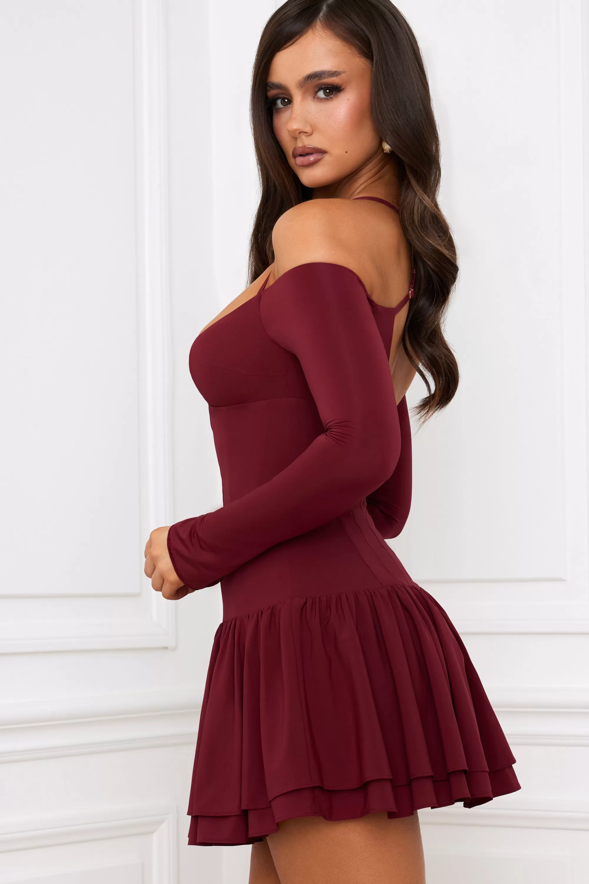 Oh Polly Off-Shoulder Tiered Corset Mini Dress in Berry Red BerryRed Best