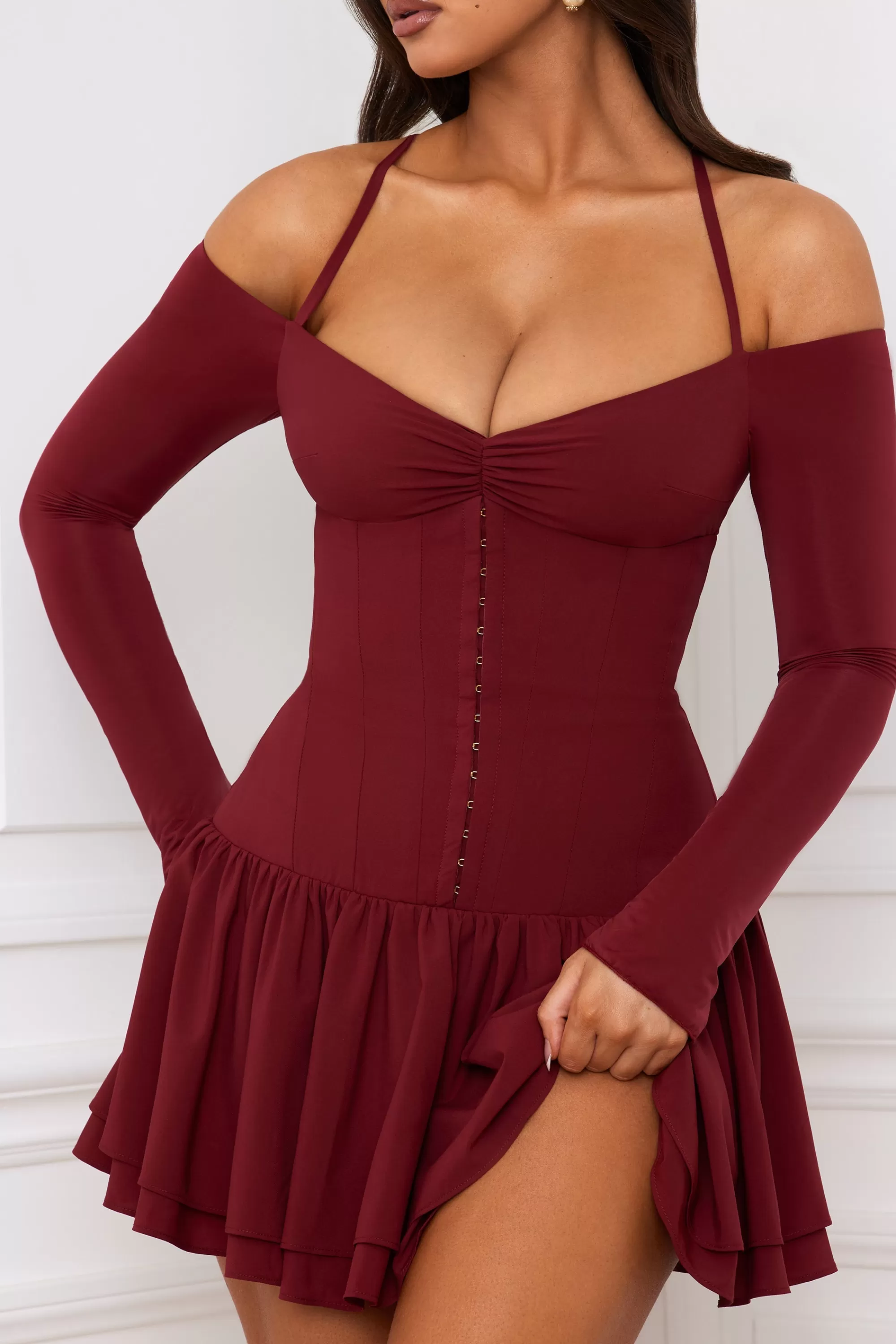 Oh Polly Off-Shoulder Tiered Corset Mini Dress in Berry Red BerryRed Best