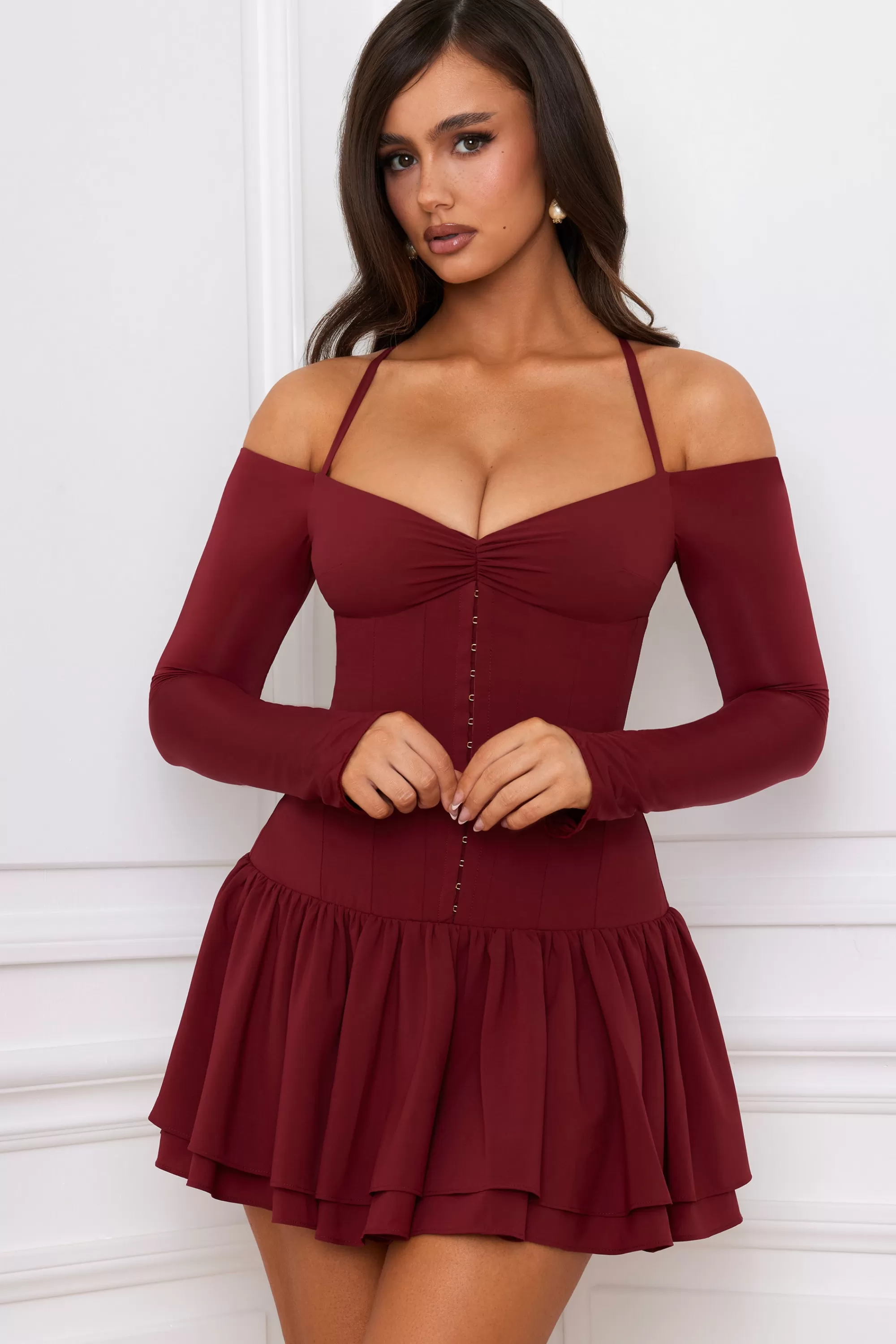 Oh Polly Off-Shoulder Tiered Corset Mini Dress in Berry Red BerryRed Best