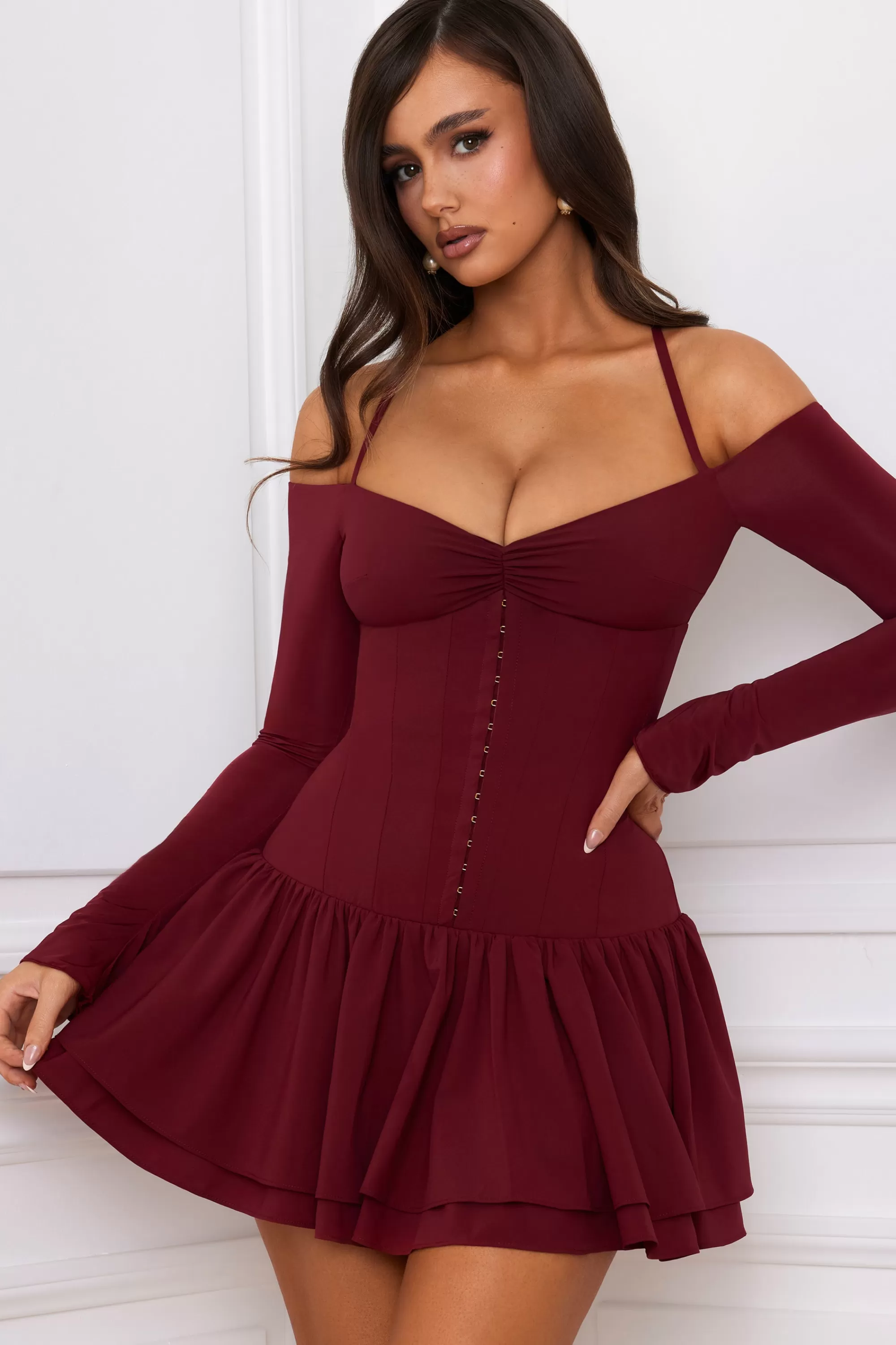 Oh Polly Off-Shoulder Tiered Corset Mini Dress in Berry Red BerryRed Best