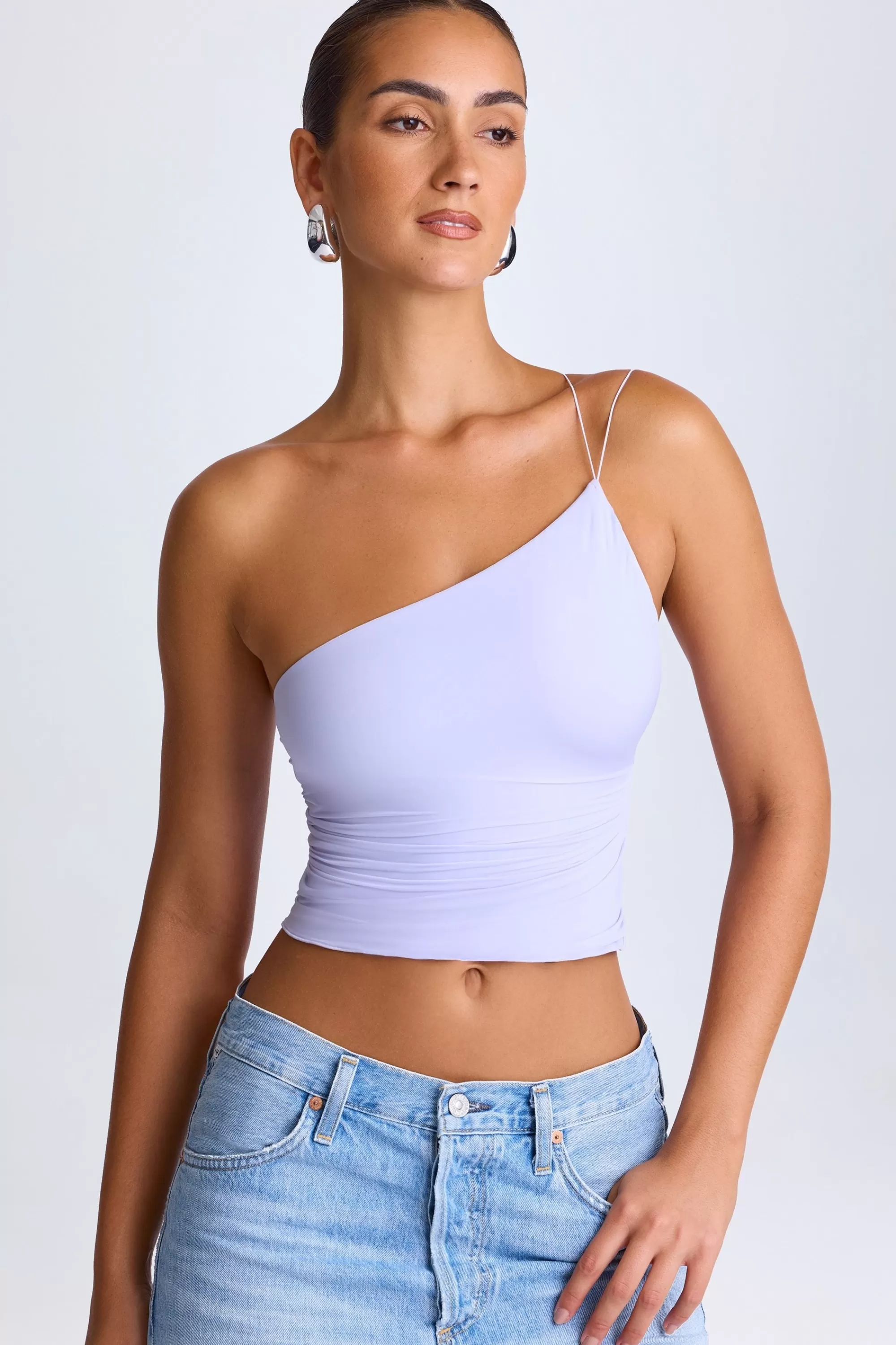 Oh Polly One-Shoulder Lace-Up Top in Soft Lilac SoftLilac Discount