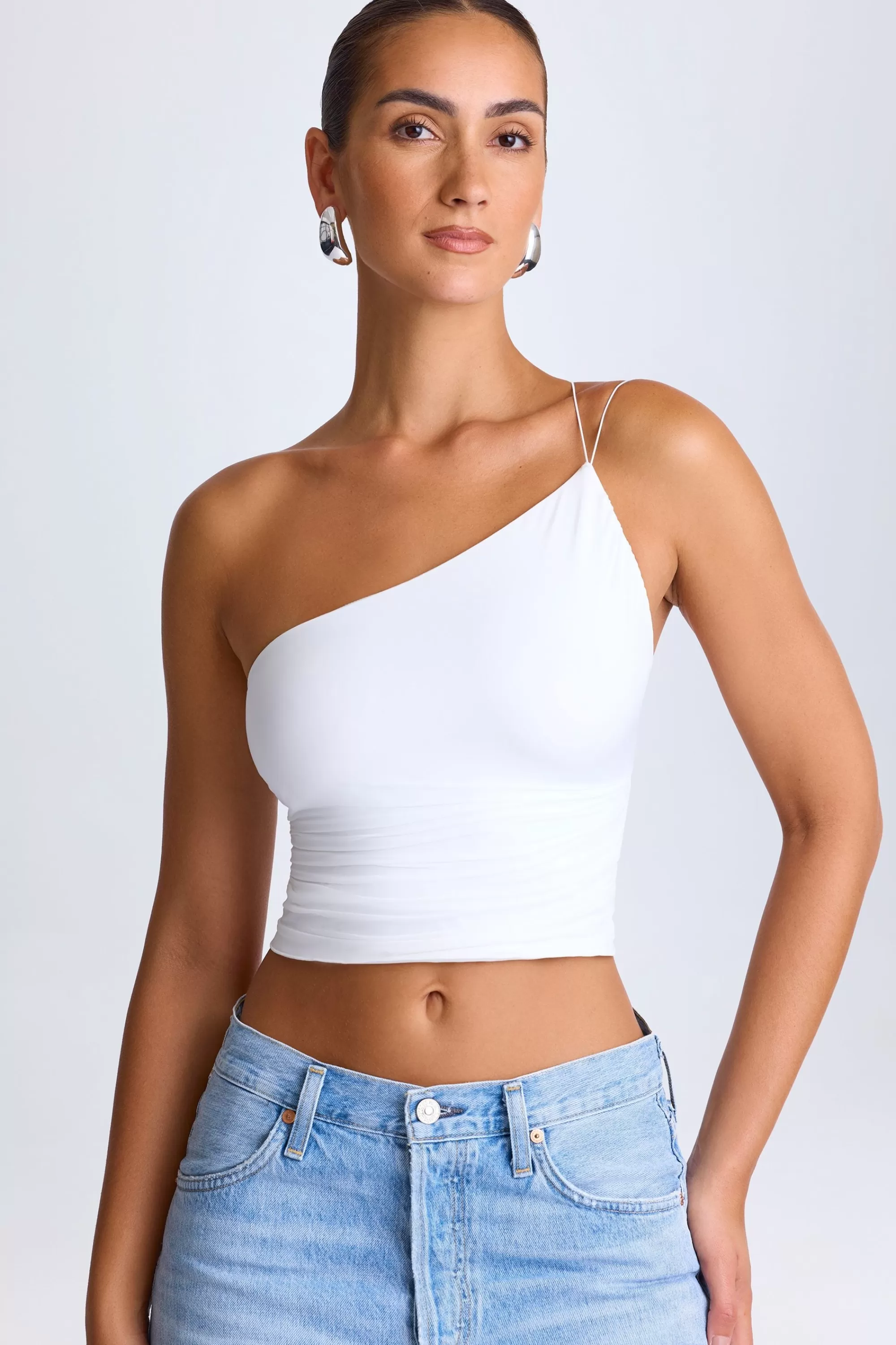 Oh Polly One-Shoulder Lace-Up Top in White Discount