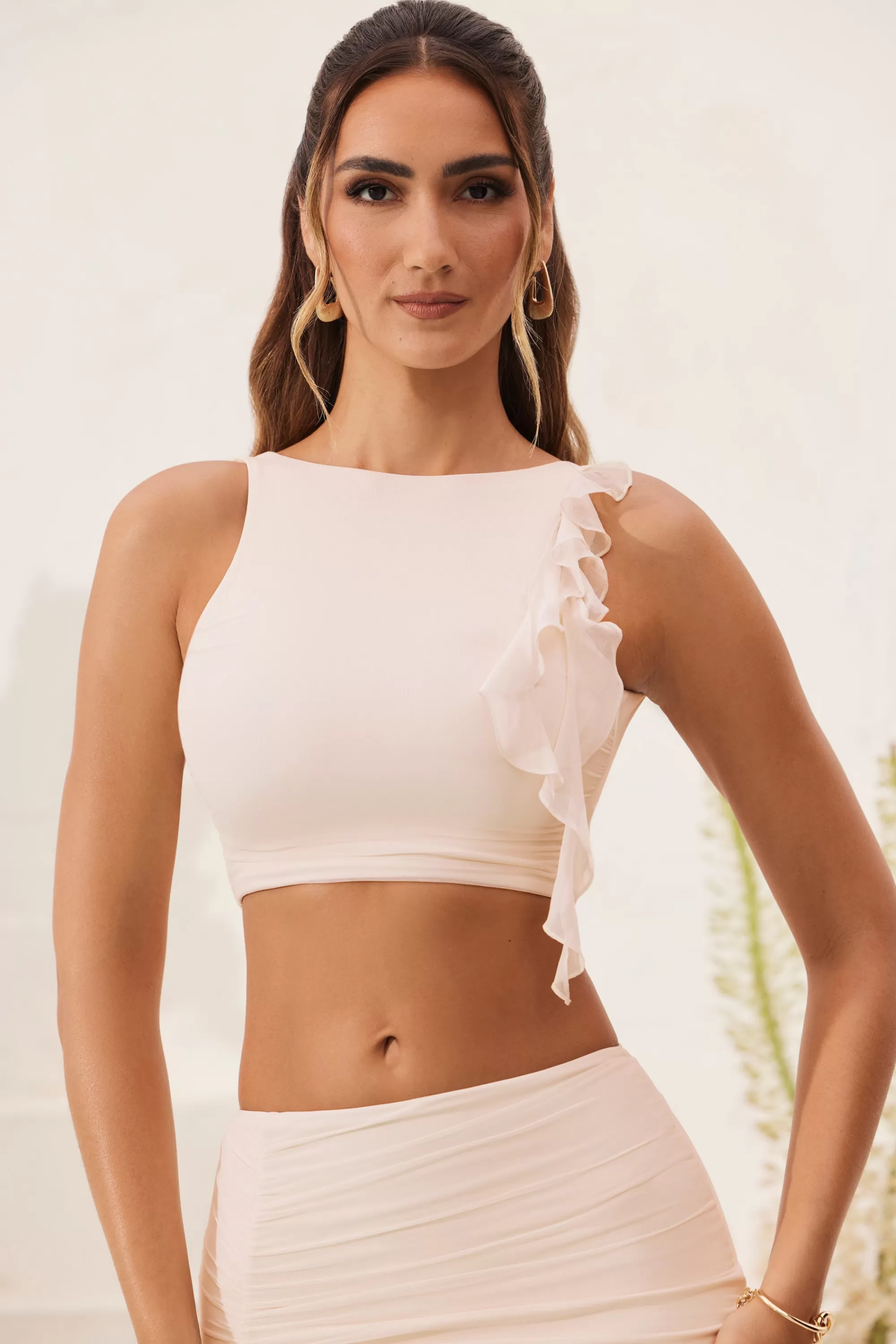 Oh Polly Open Back Ruched Ruffle Crop Top in Ivory Sale