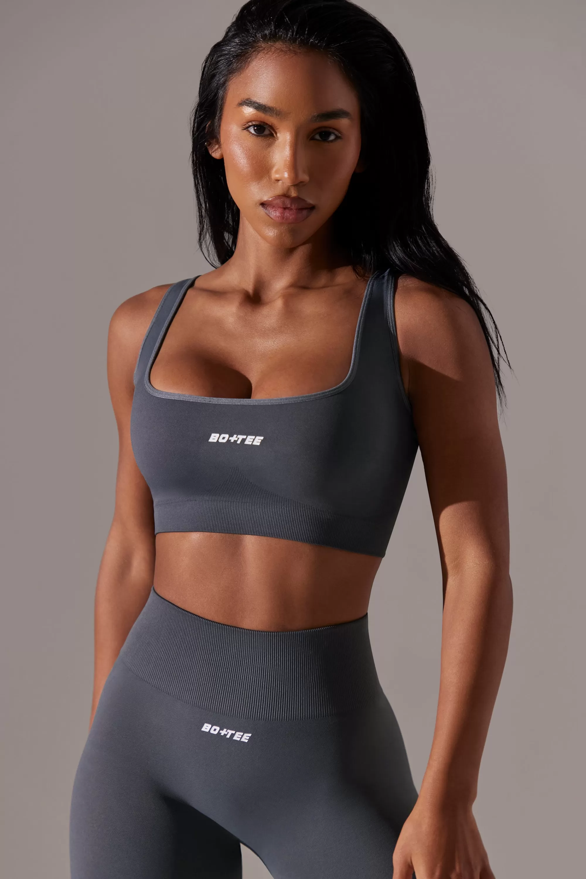 Oh Polly Open Back Square Neck Sports Bra in Grey Store