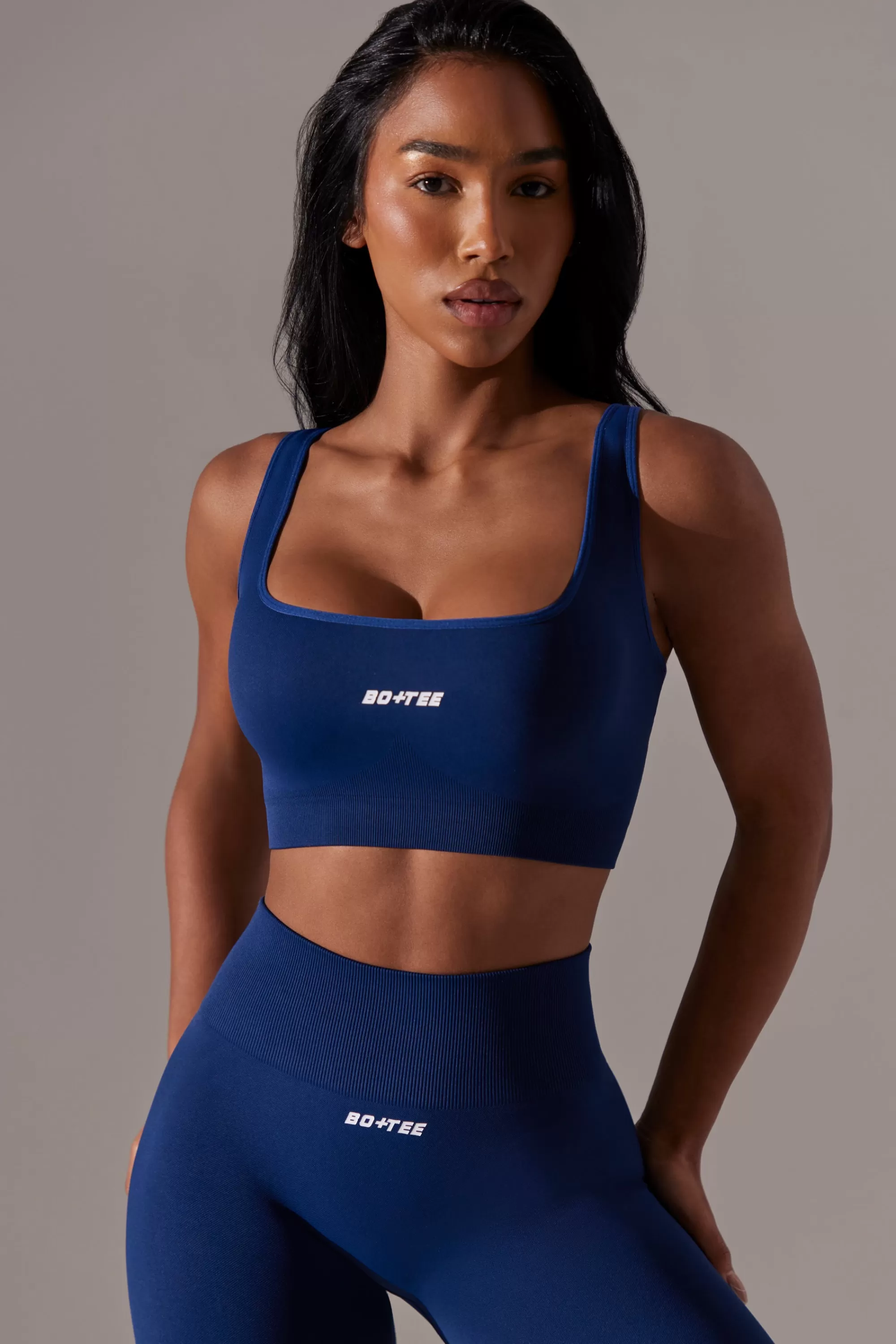 Oh Polly Open Back Square Neck Sports Bra in Navy Sale