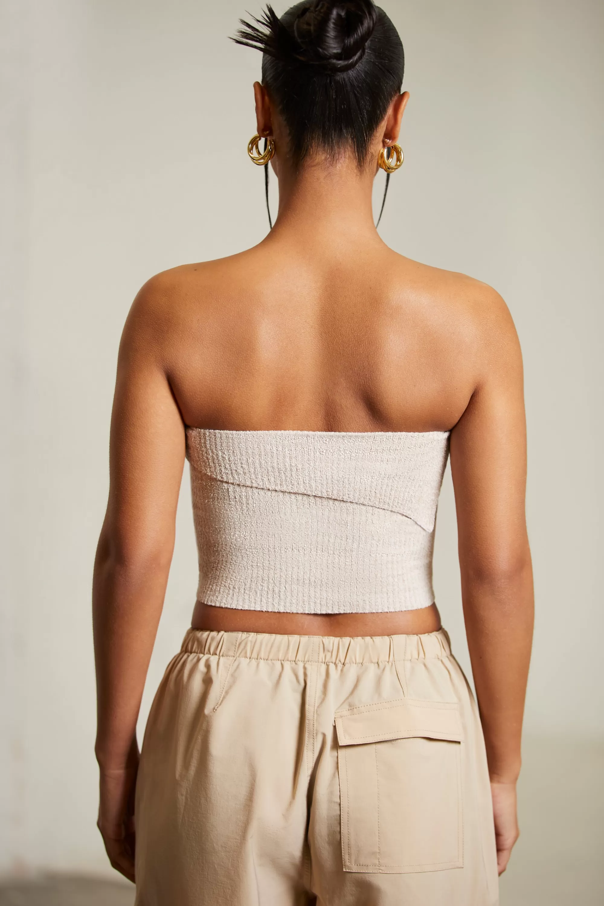 Oh Polly Overlap Bandeau Crop Top in Beige Outlet