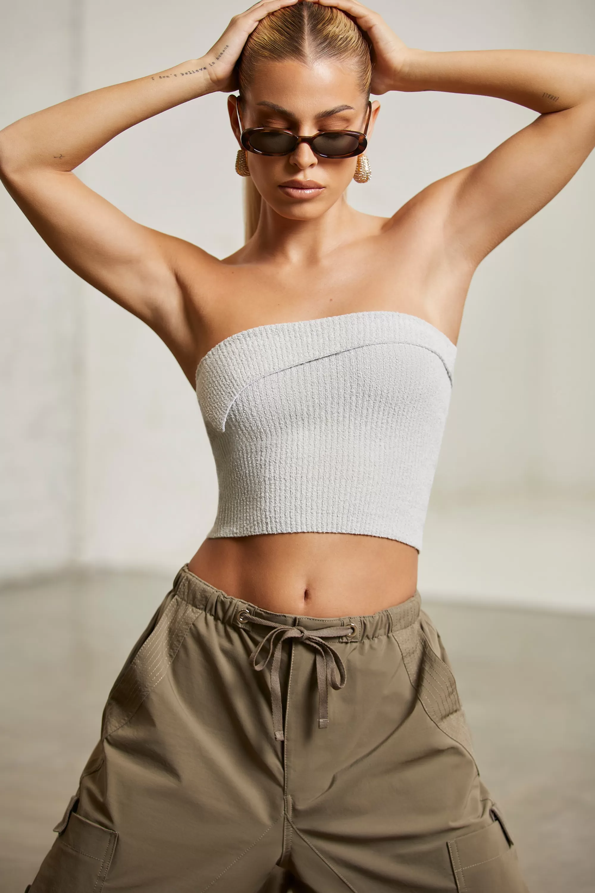 Oh Polly Overlap Bandeau Crop Top in Grey Flash Sale