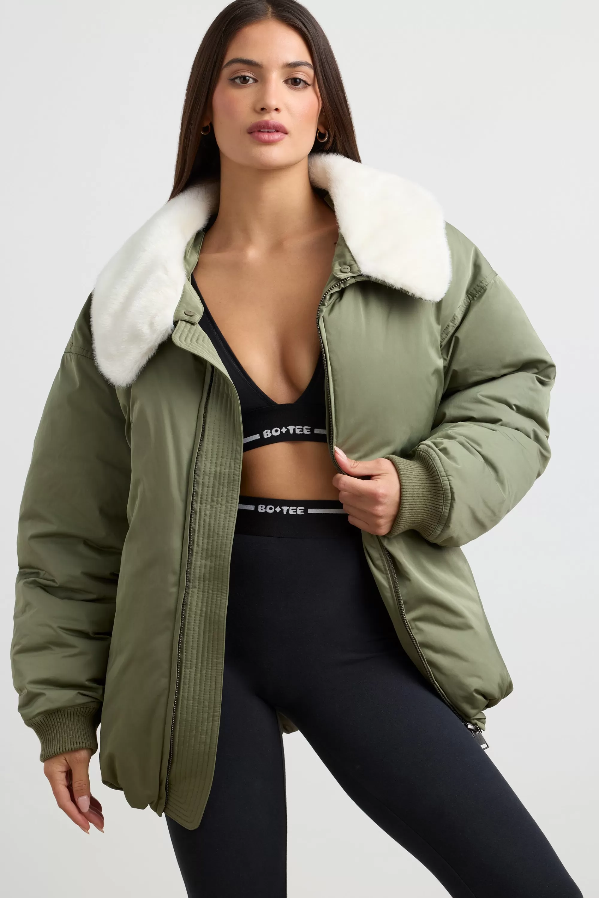 Oh Polly Oversized Bomber Jacket in Deep Olive DeepOlive Discount