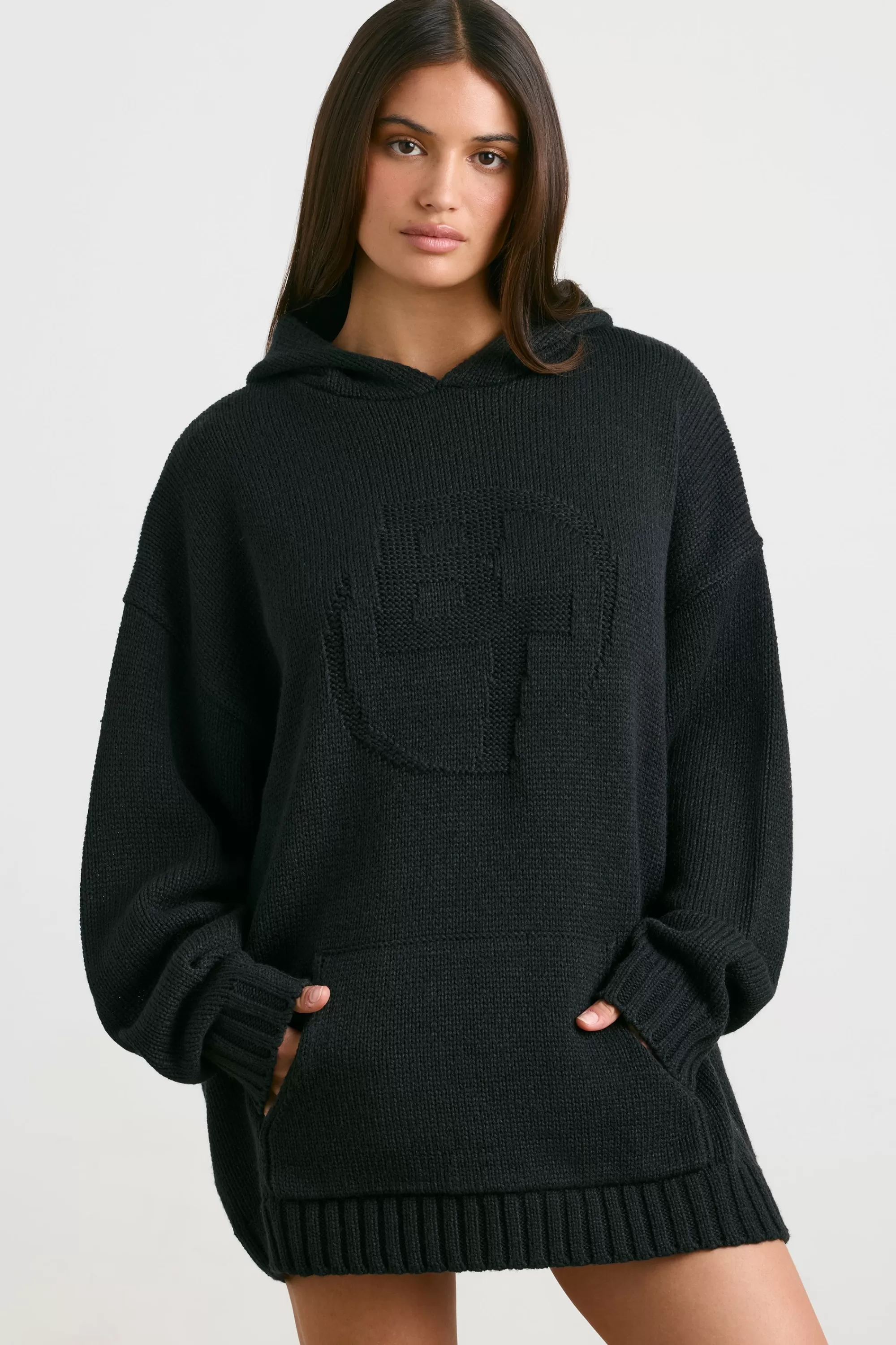 Oh Polly Oversized Chunky Knit Hoodie in Black Shop