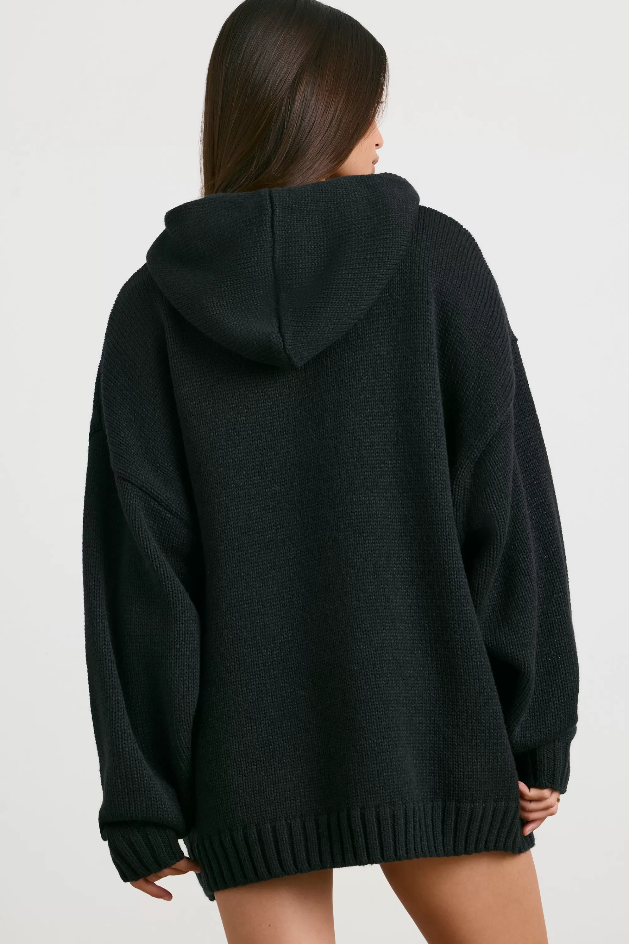 Oh Polly Oversized Chunky Knit Hoodie in Black Shop