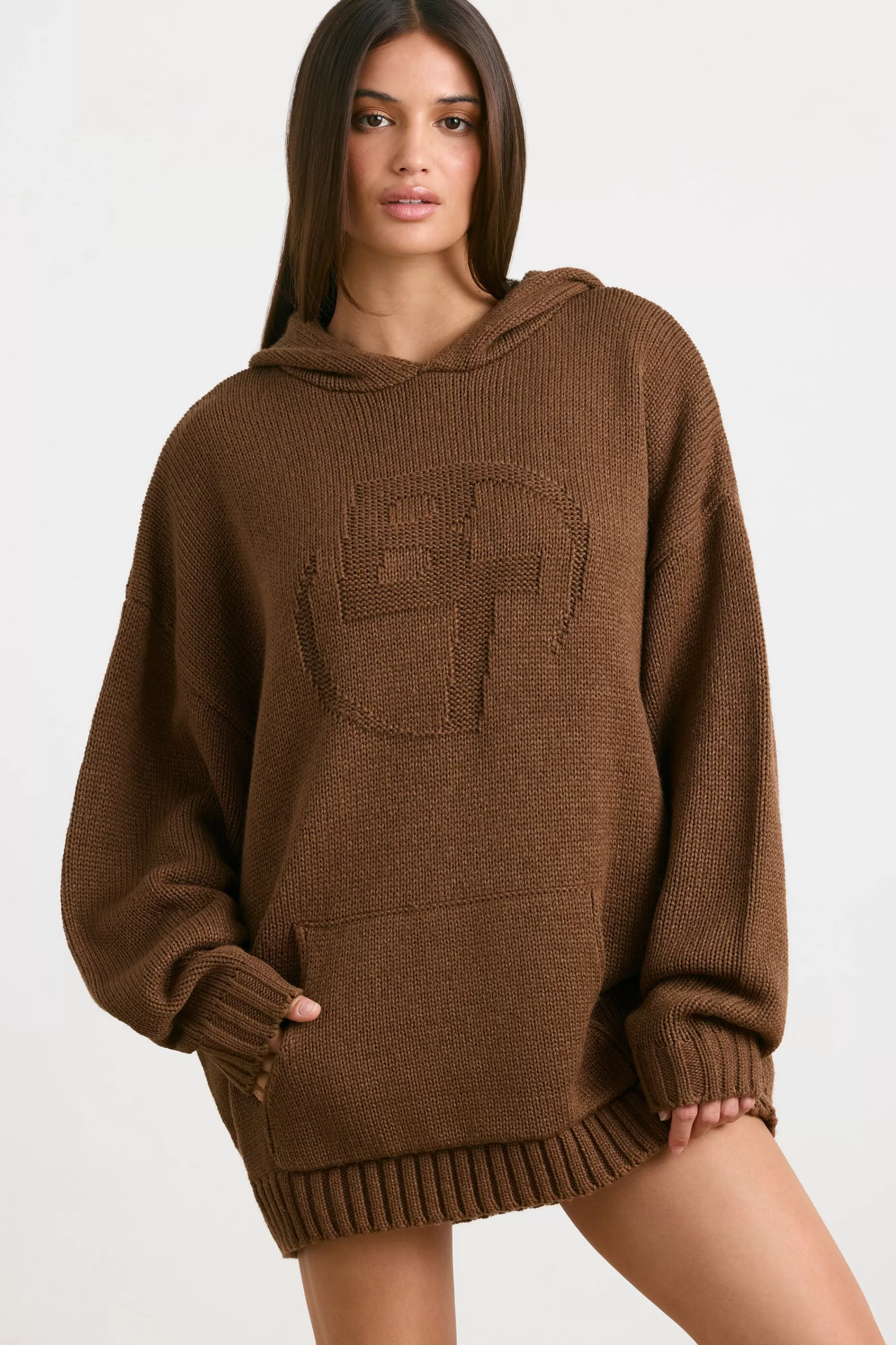 Oh Polly Oversized Chunky Knit Hoodie in Espresso Discount