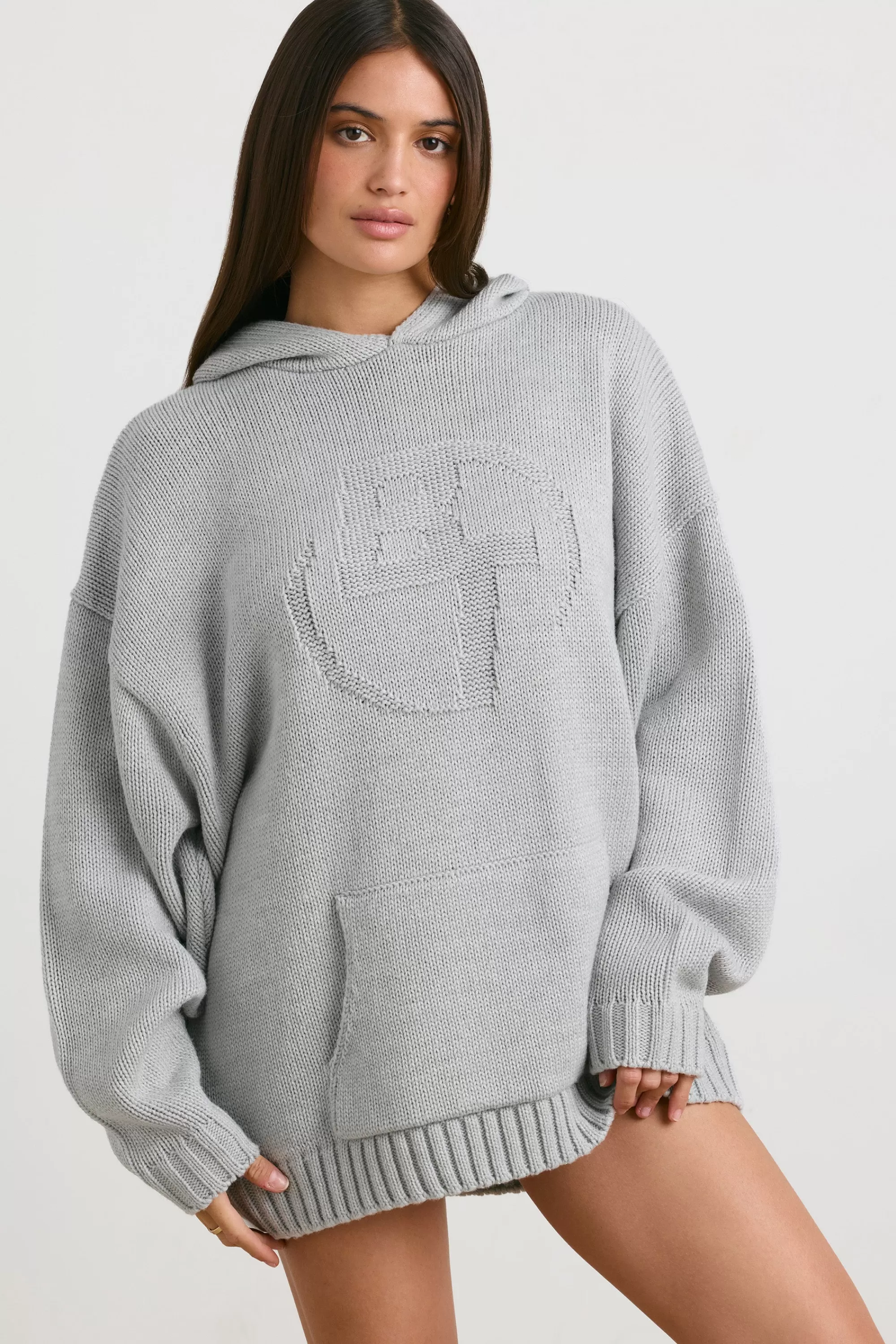 Oh Polly Oversized Chunky Knit Hoodie in Heather Grey HeatherGrey Fashion