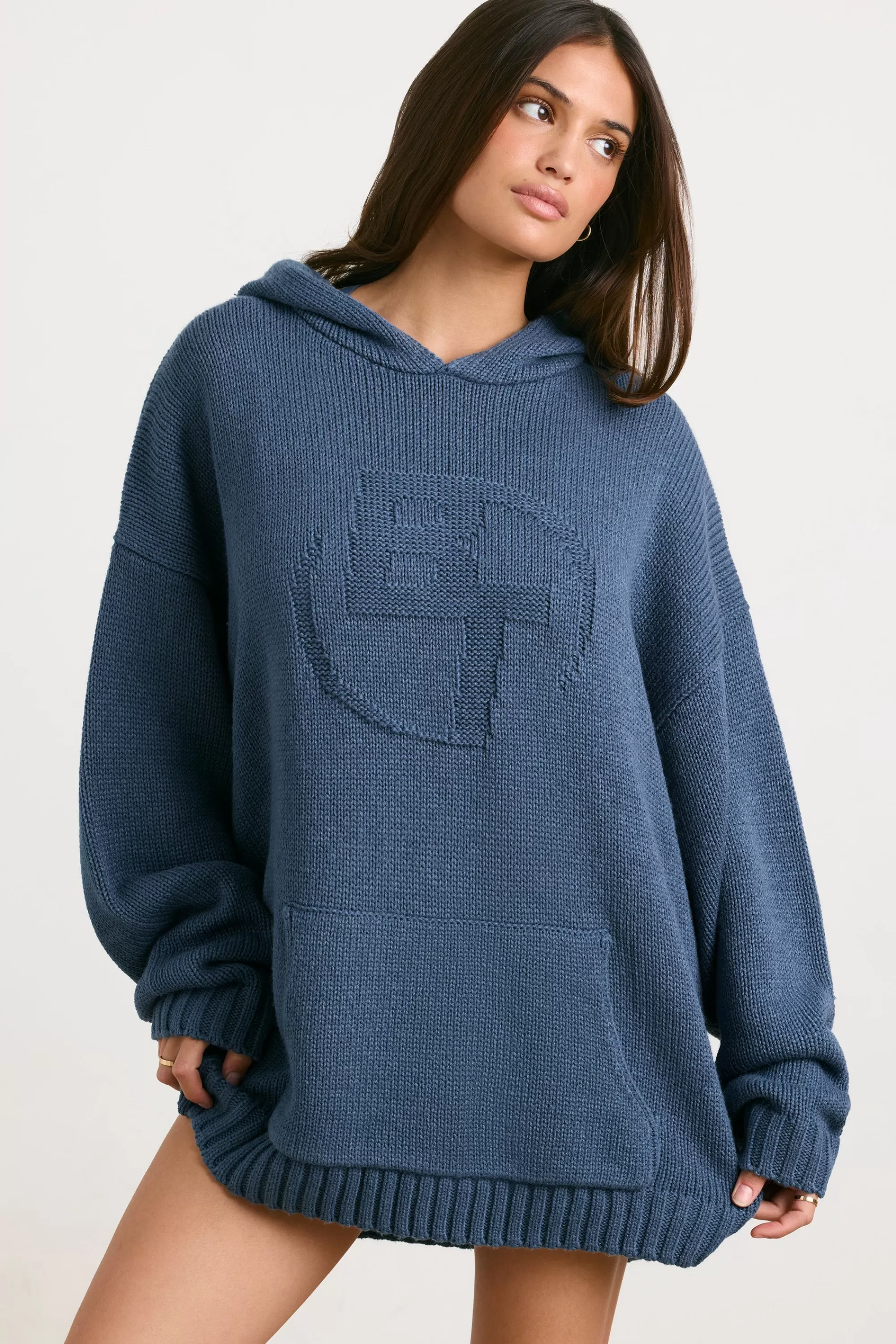 Oh Polly Oversized Chunky Knit Hoodie in Washed Navy WashedNavy Store