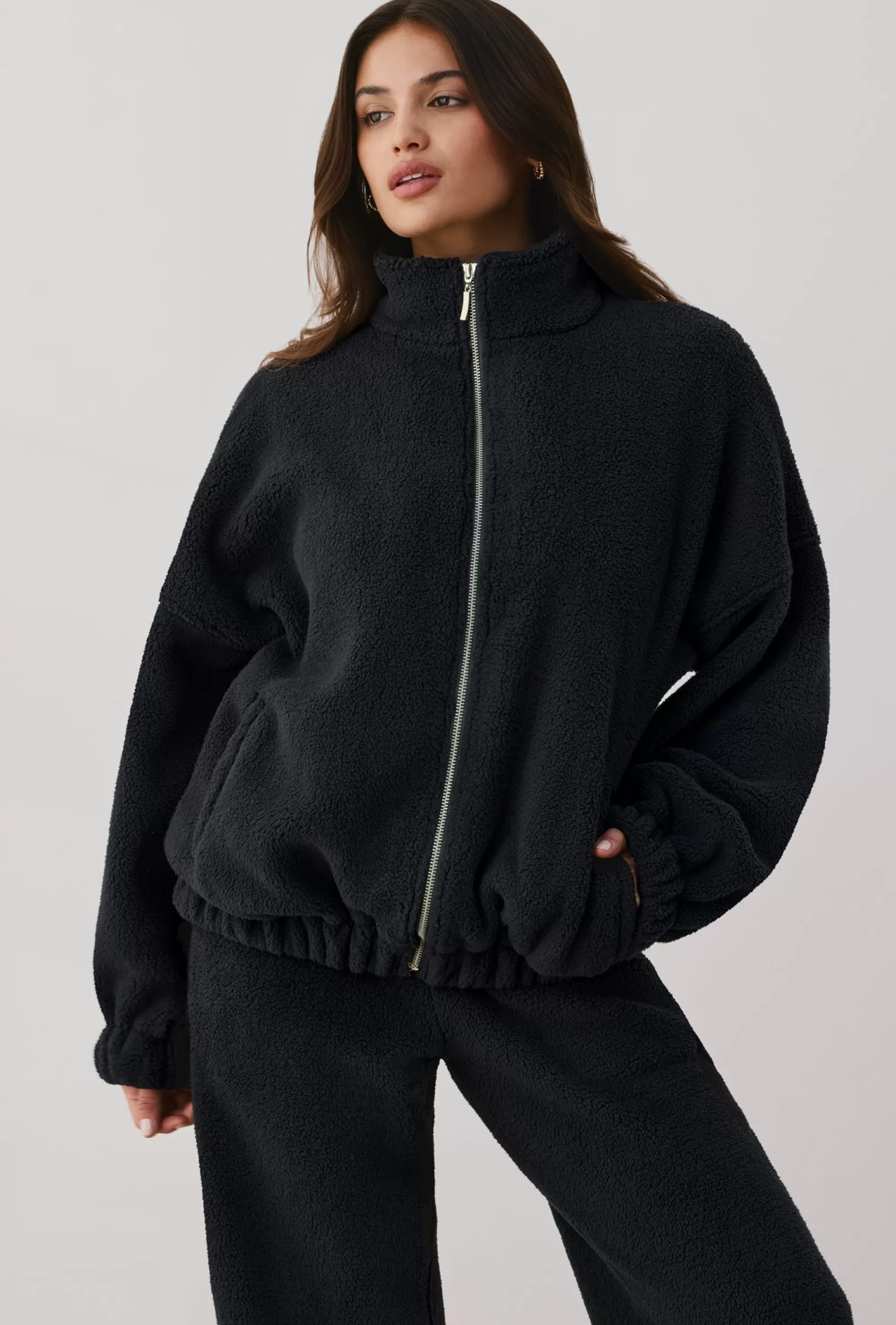 Oh Polly Oversized Fleece Zip Up Jacket in Onyx Clearance