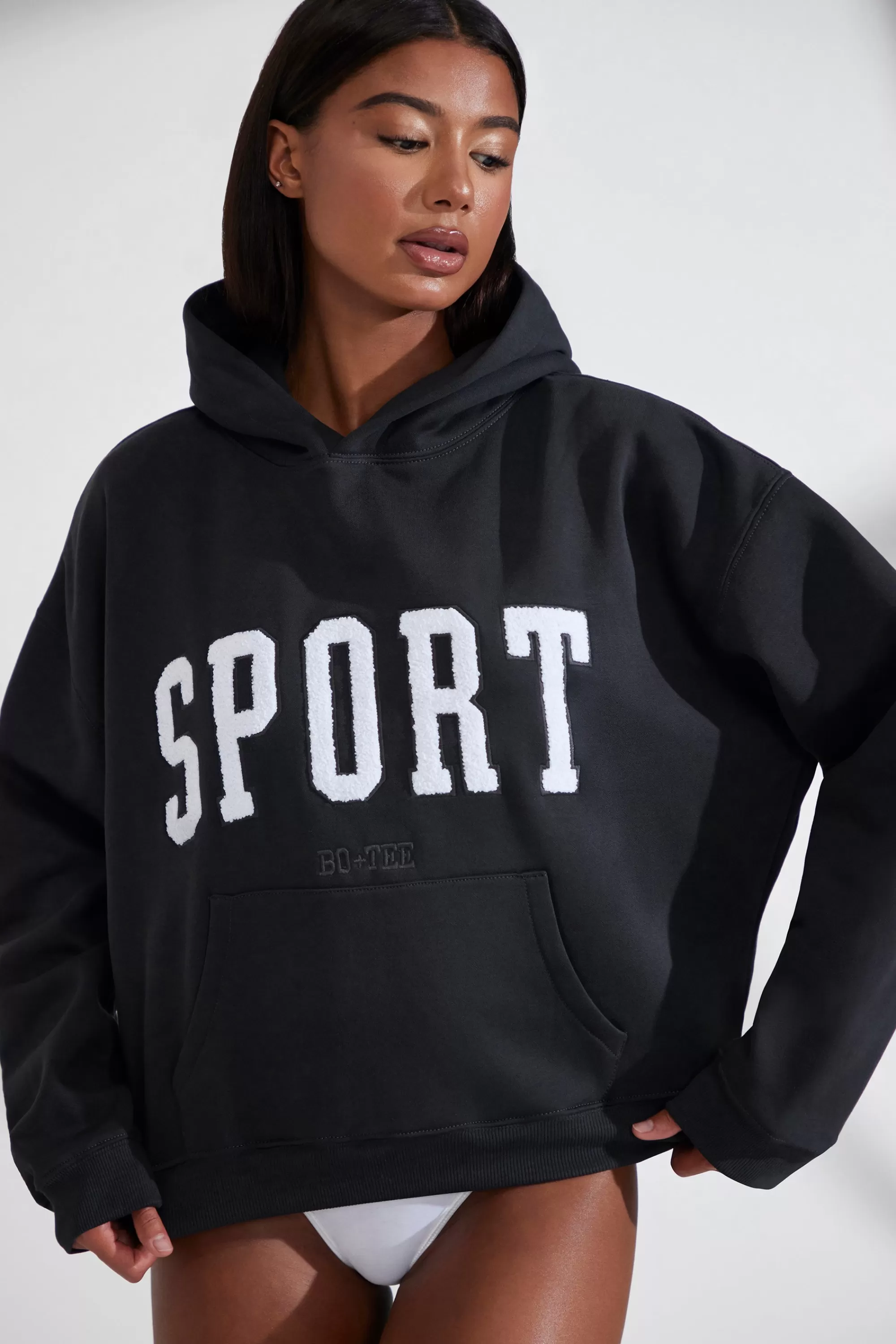 Oh Polly Oversized Hooded Sweatshirt in Black Online