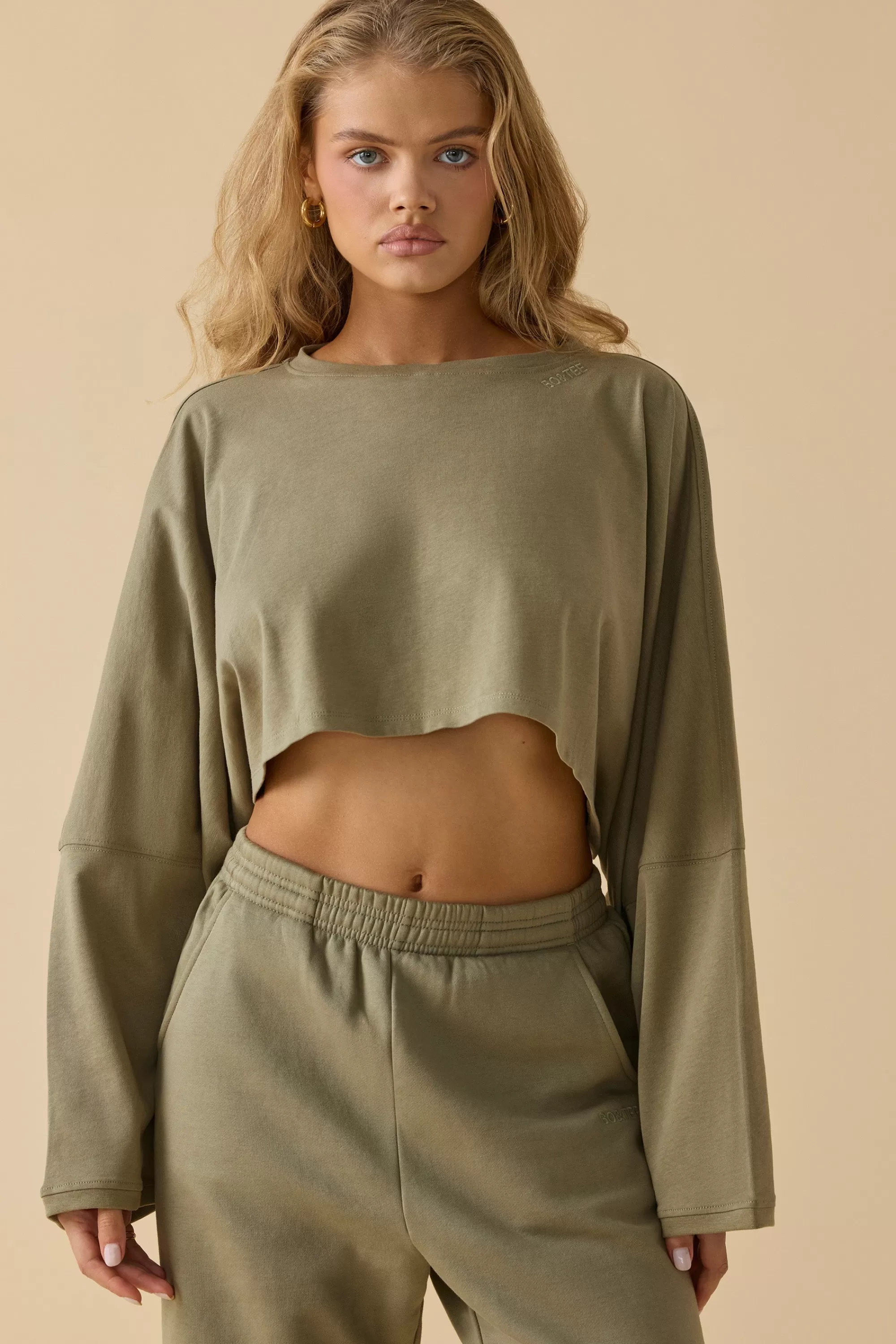 Oh Polly Oversized Long Sleeve Crop Top in Soft Olive SoftOlive Discount