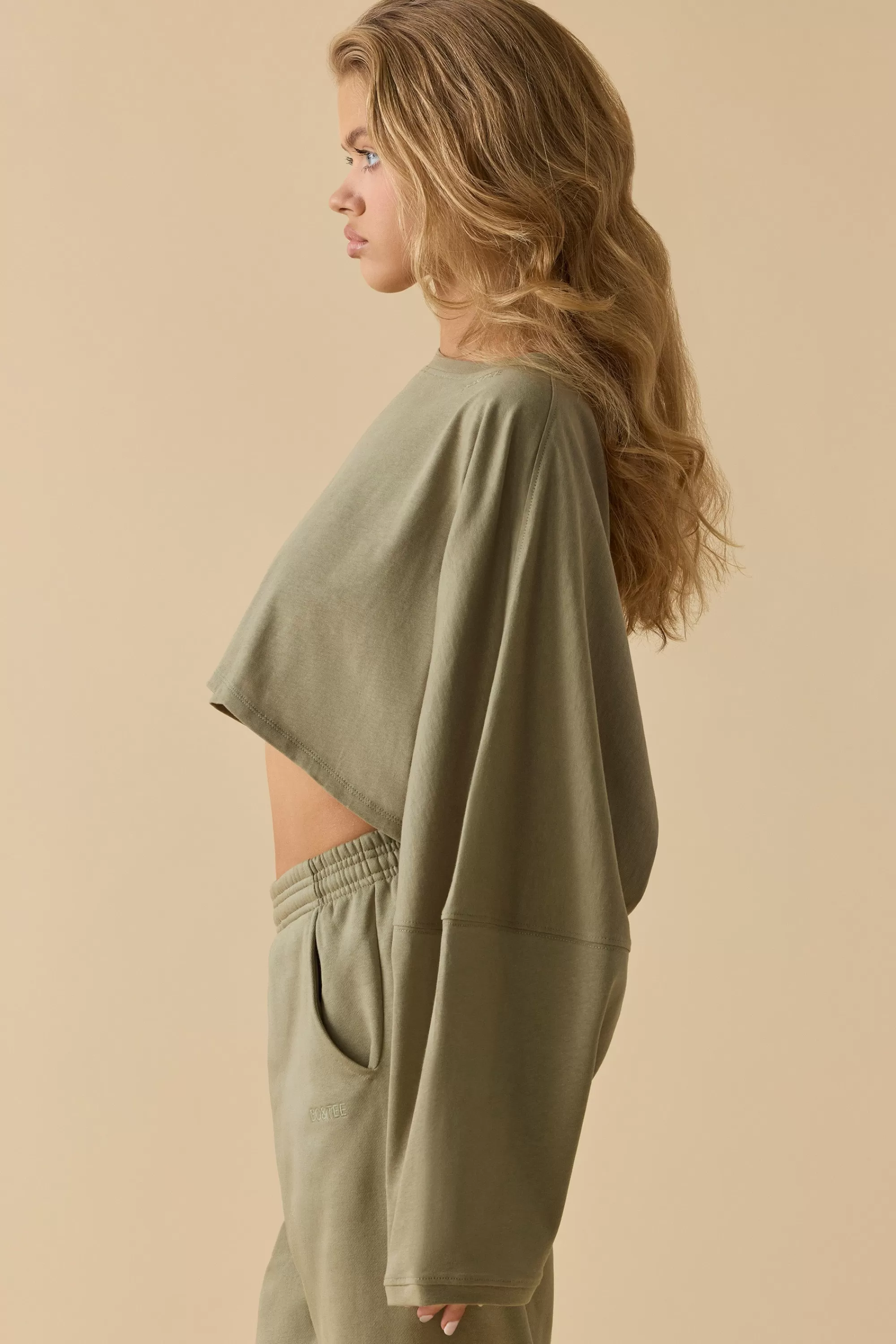 Oh Polly Oversized Long Sleeve Crop Top in Soft Olive SoftOlive Discount