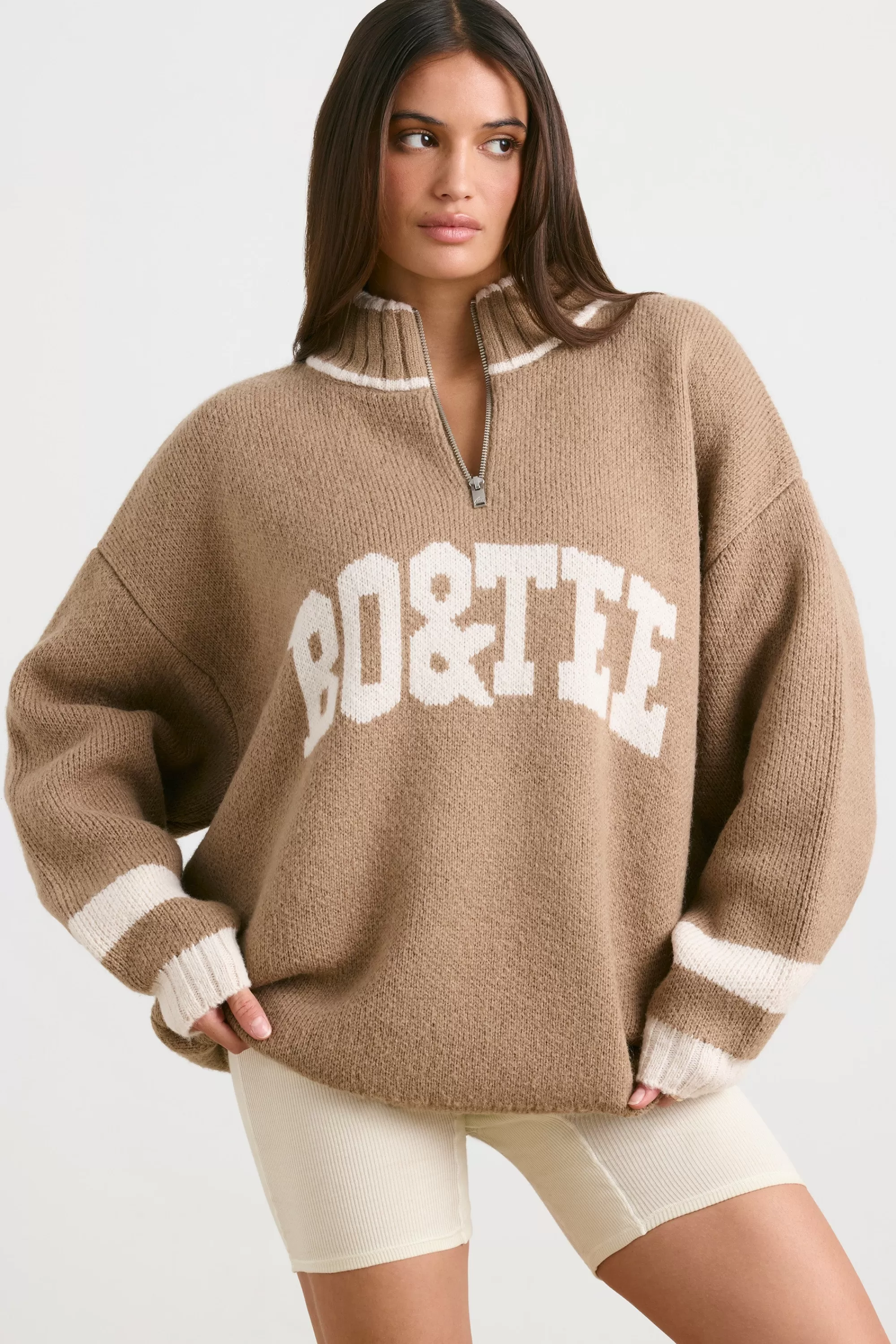 Oh Polly Oversized Quarter-Zip Chunky-Knit Jumper in Espresso Outlet