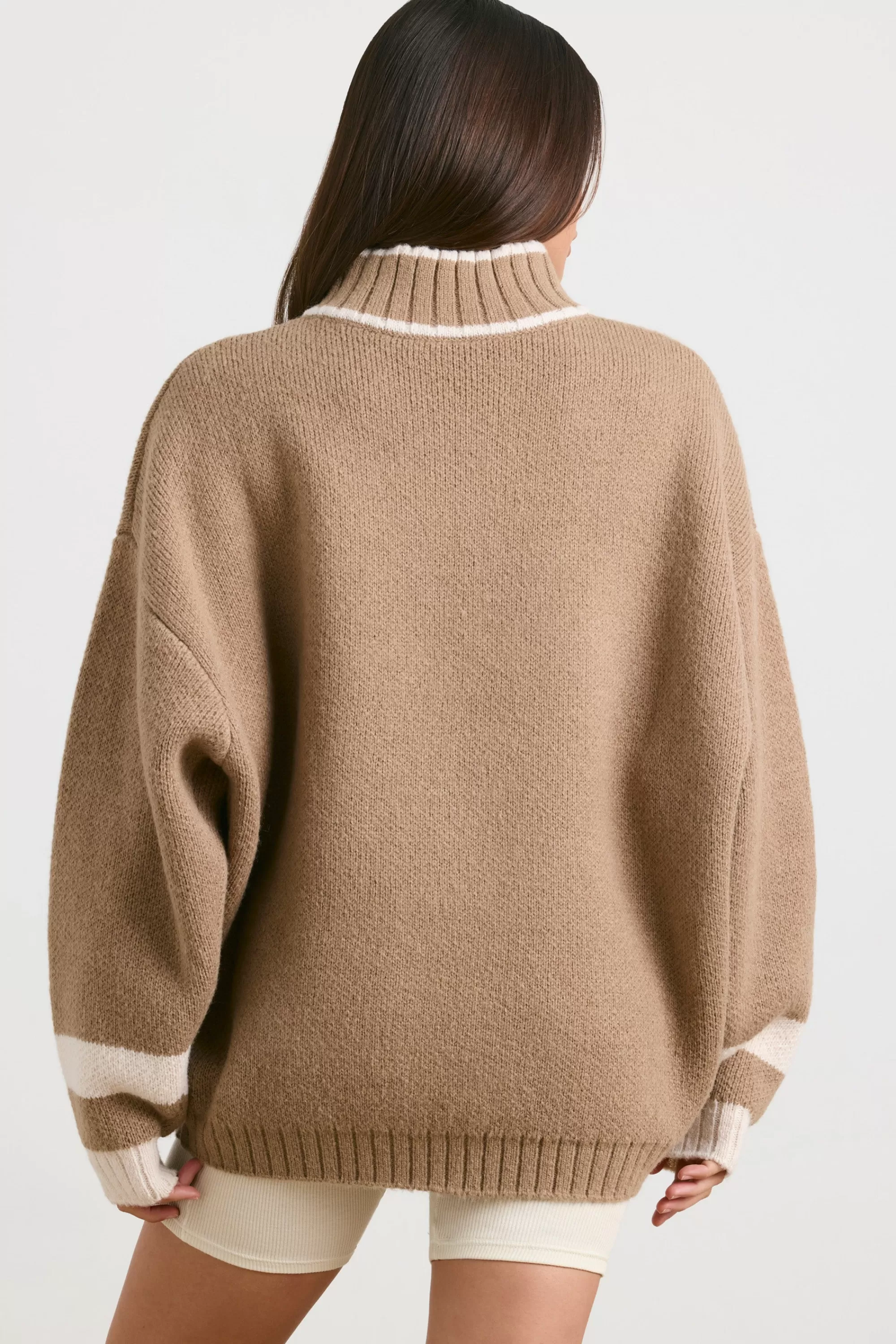 Oh Polly Oversized Quarter-Zip Chunky-Knit Jumper in Espresso Outlet